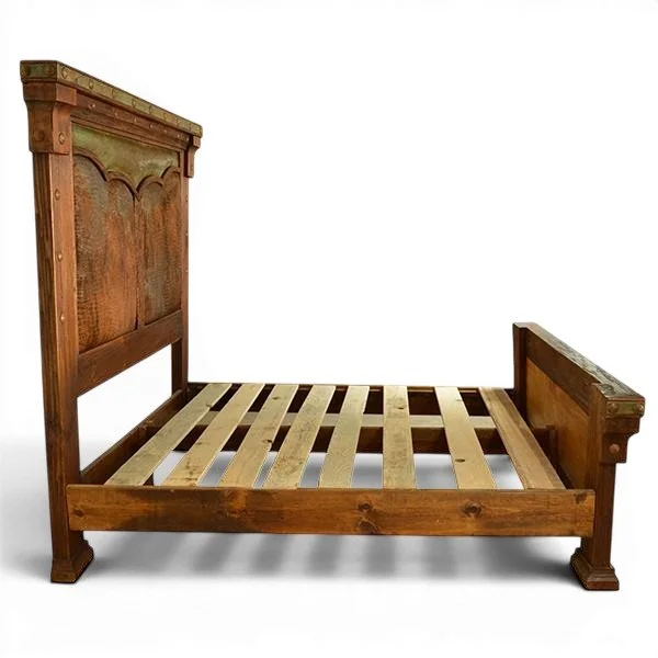 Luxury Alamogordo Copper and Cowhide Bed handcrafted in Mexico with crocodile leather panels, hand-pounded copper trim, and carved wood details.