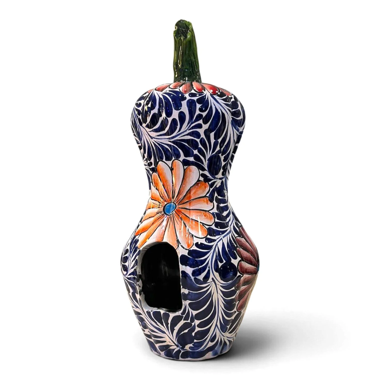 Handmade Talavera jack-o'-lantern gourd with hand-painted design and cutout for candlelight