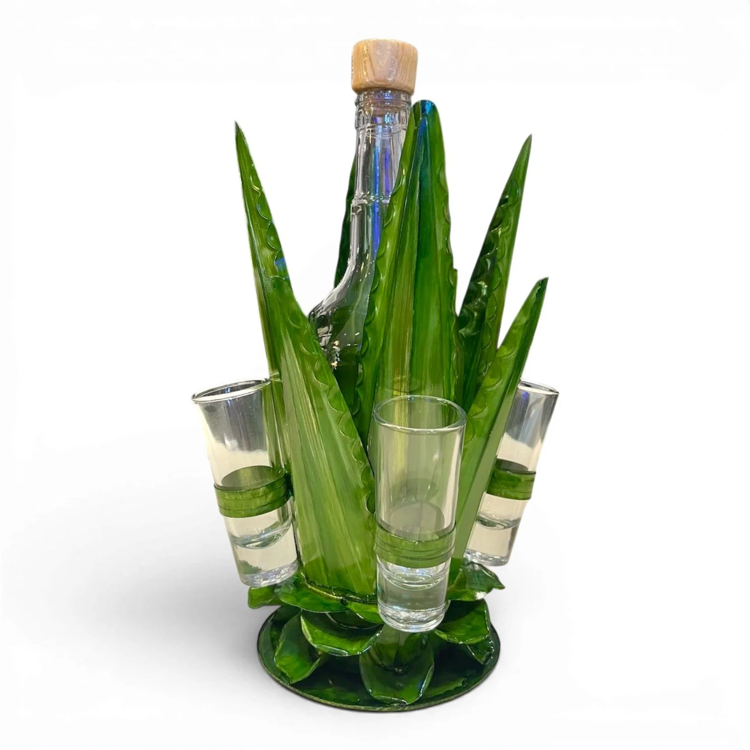Medium handmade Mexican metal agave tequila set with lime green holder, tequila bottle, and four shot glasses