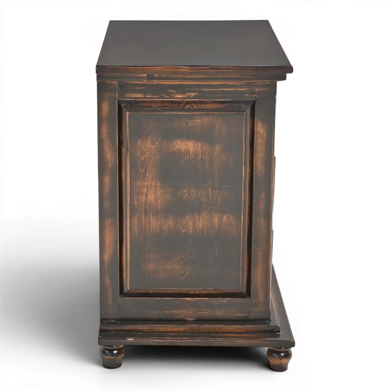 Handmade Mexican Arenas Negras three drawer nightstand with black washed finish and iron hardware