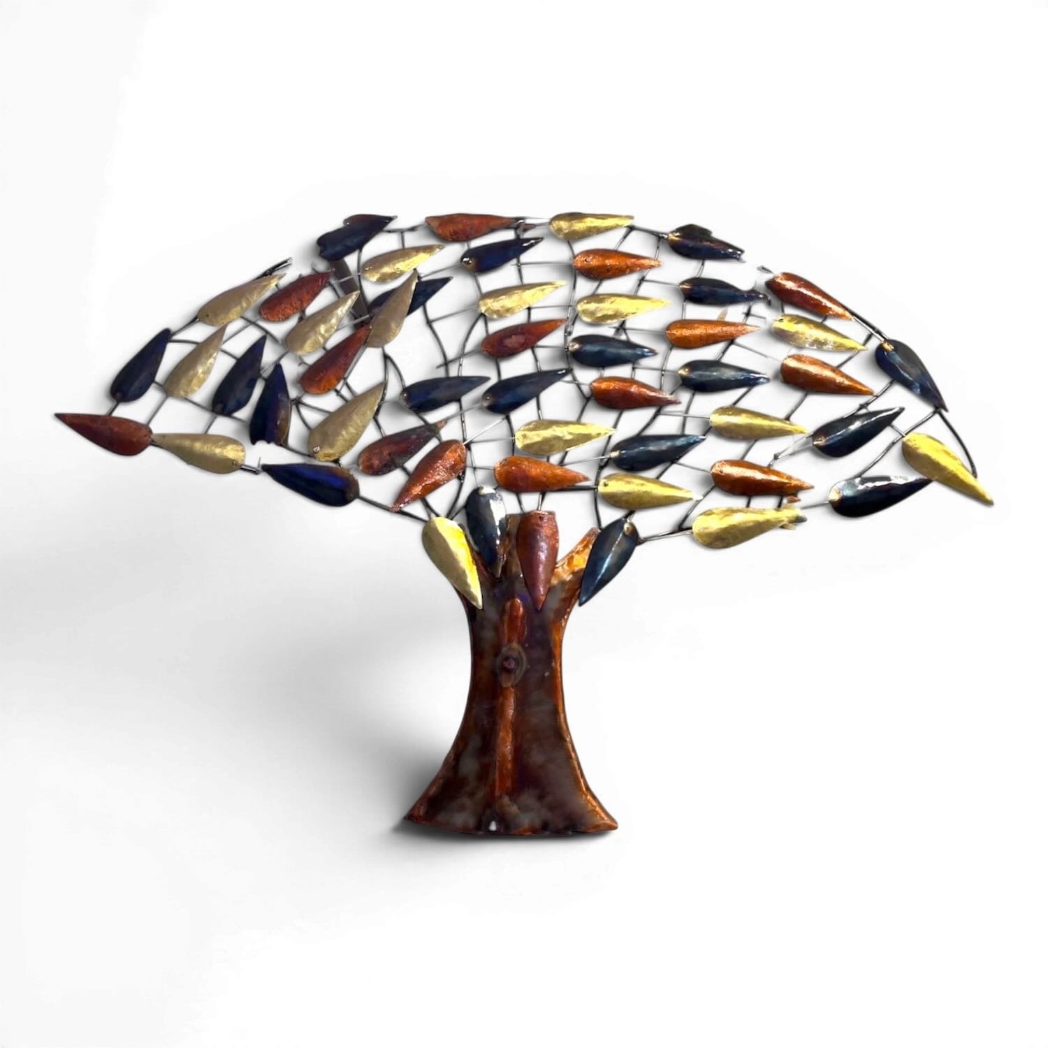 Small handmade Copper Tree of Life wall art crafted in Mexico with intricate metalwork and copper accents.