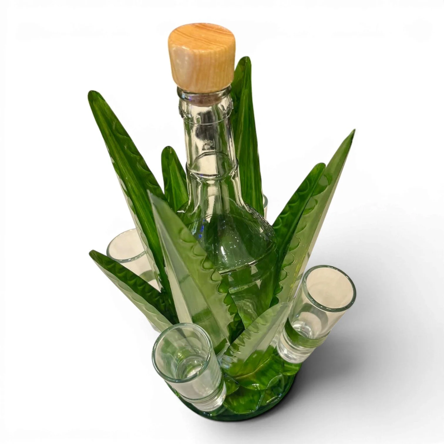 Medium handmade Mexican metal agave tequila set with lime green holder, tequila bottle, and four shot glasses