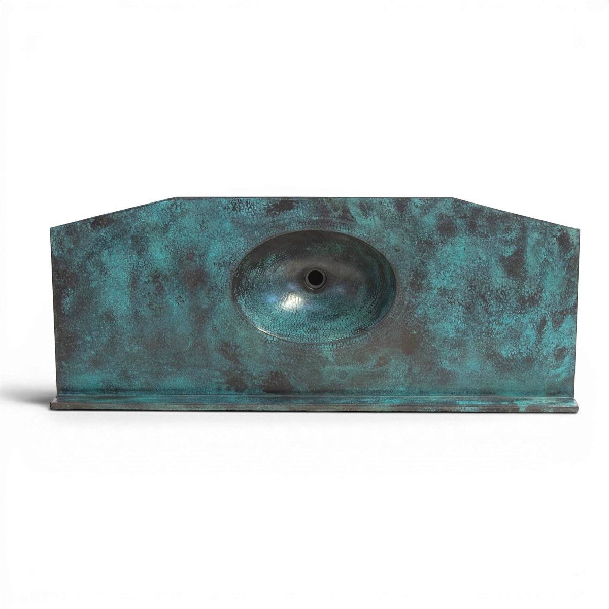 Handmade Las Palmas turquoise copper bathroom vanity with single sink, dark wood frame, and iron hardware.