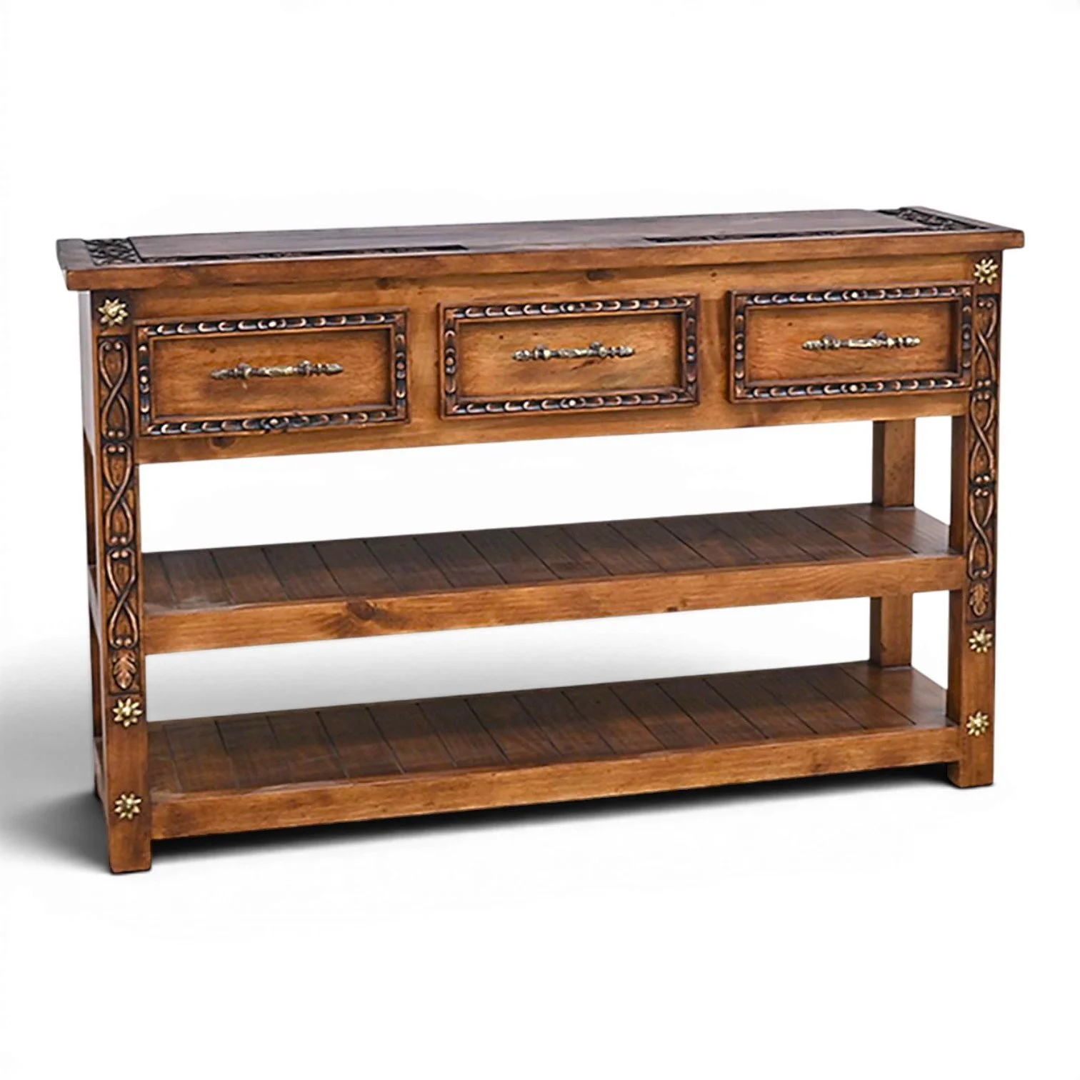 Handmade Belle Plain Western sofa table with hand-carved details, three drawers, two open shelves, and decorative iron hardware.
