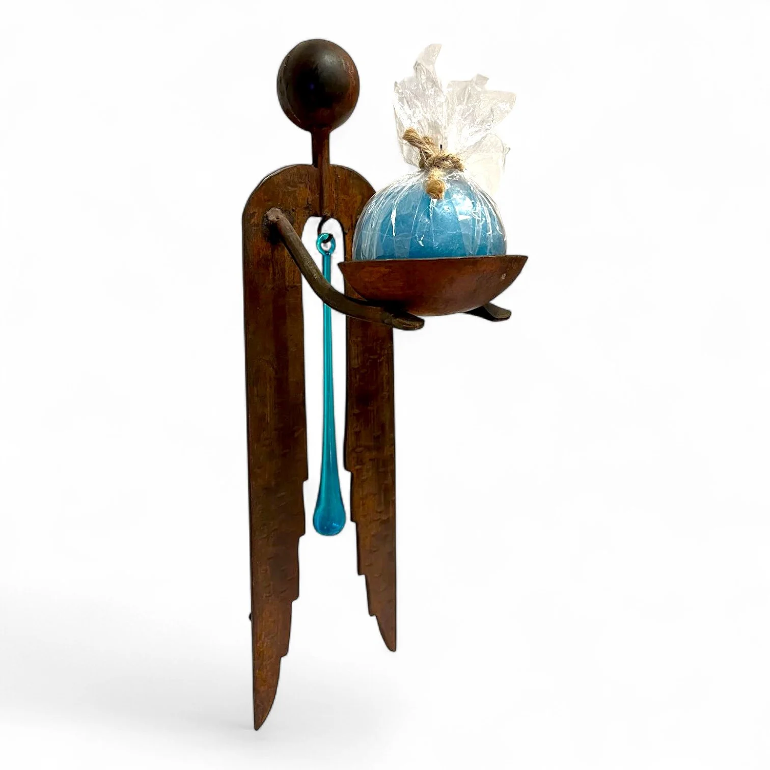 Iron Angel Candelabra with Handblown Turquoise Teardrop