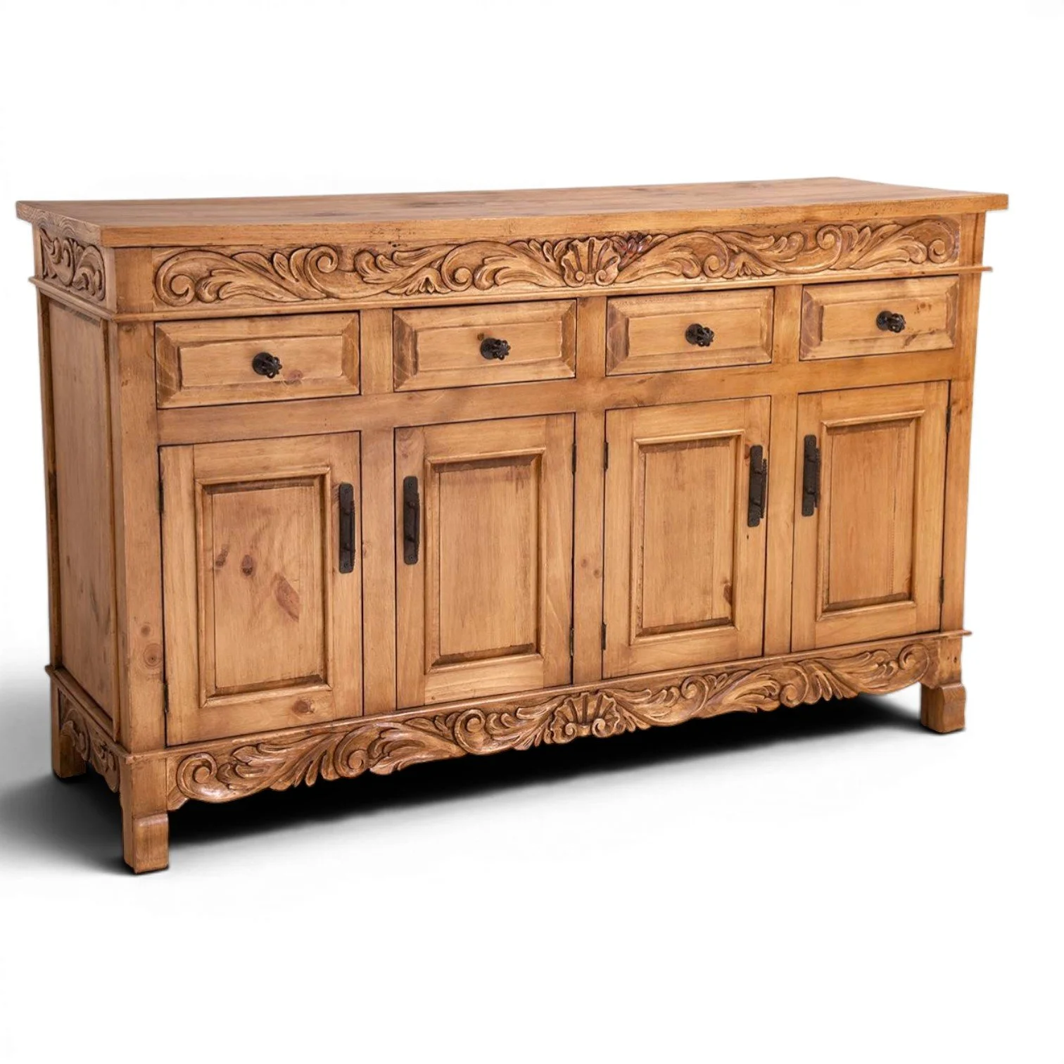 Handmade Las Cuevas Especial dark rustic buffet with hand-carved details and iron hardware crafted in Mexico.