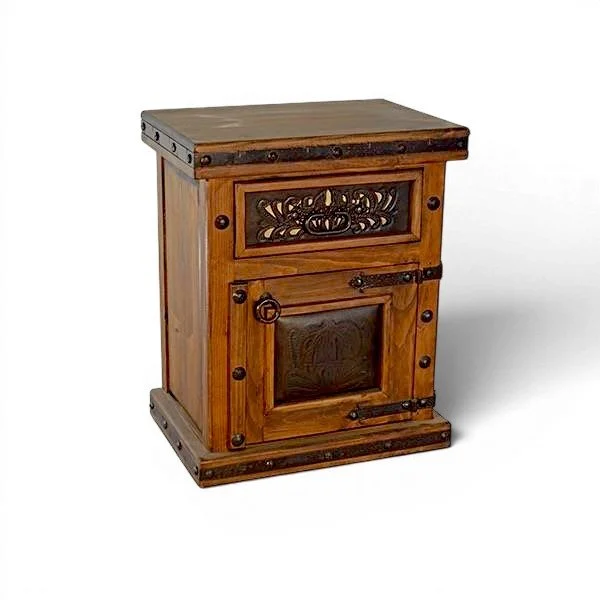 Handmade Herradura tooled leather nightstand with perforated leather panels, iron hardware, clavos, and rich dark wood finish.