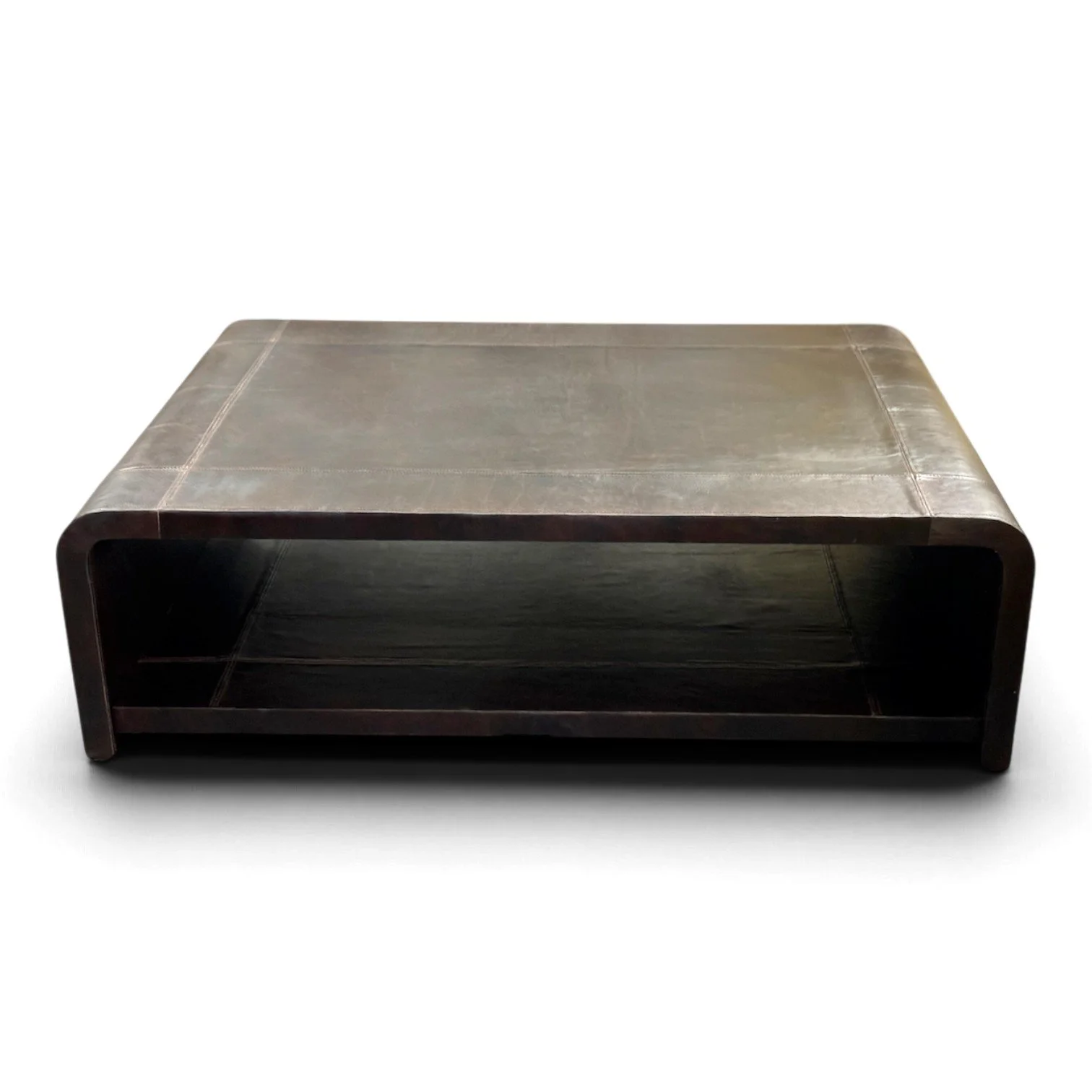 Handmade leather coffee table in chocolate brown with smooth finish and open shelf