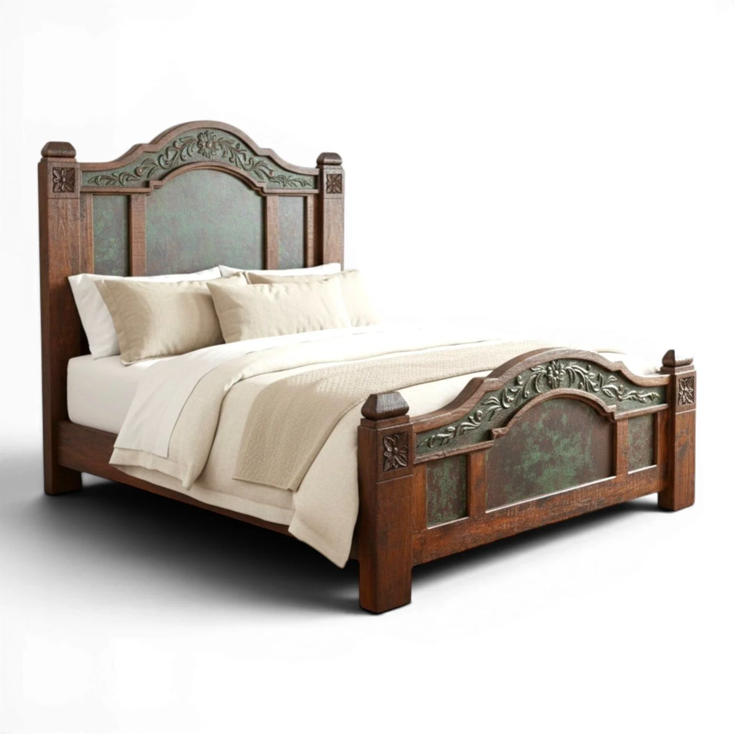Handmade La Margarita copper bed with reclaimed wood, verdigris patina, and floral copper accents crafted in Mexico.