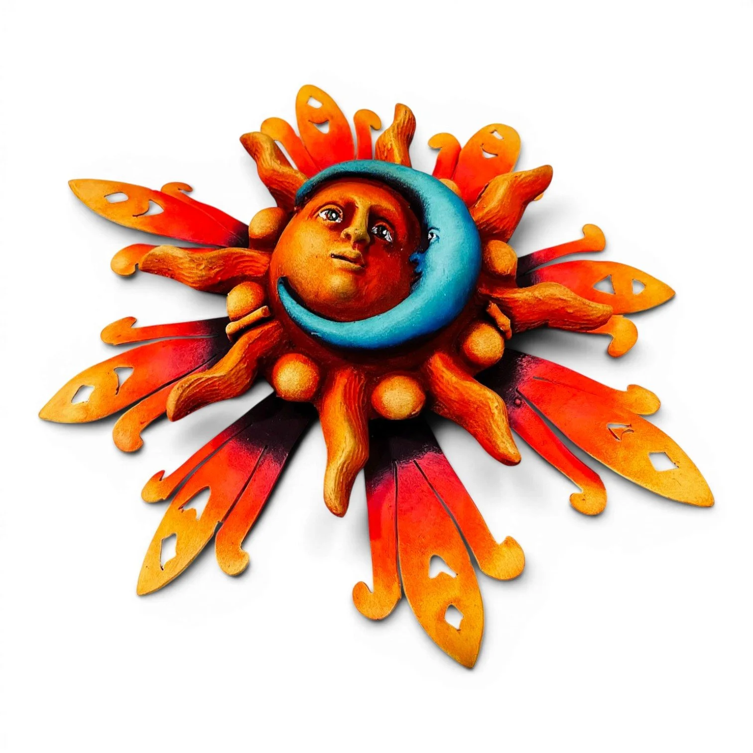 Handmade Mexican Mini Sol y Luna Vibrante wall art with colorful sun and moon design and metal rays