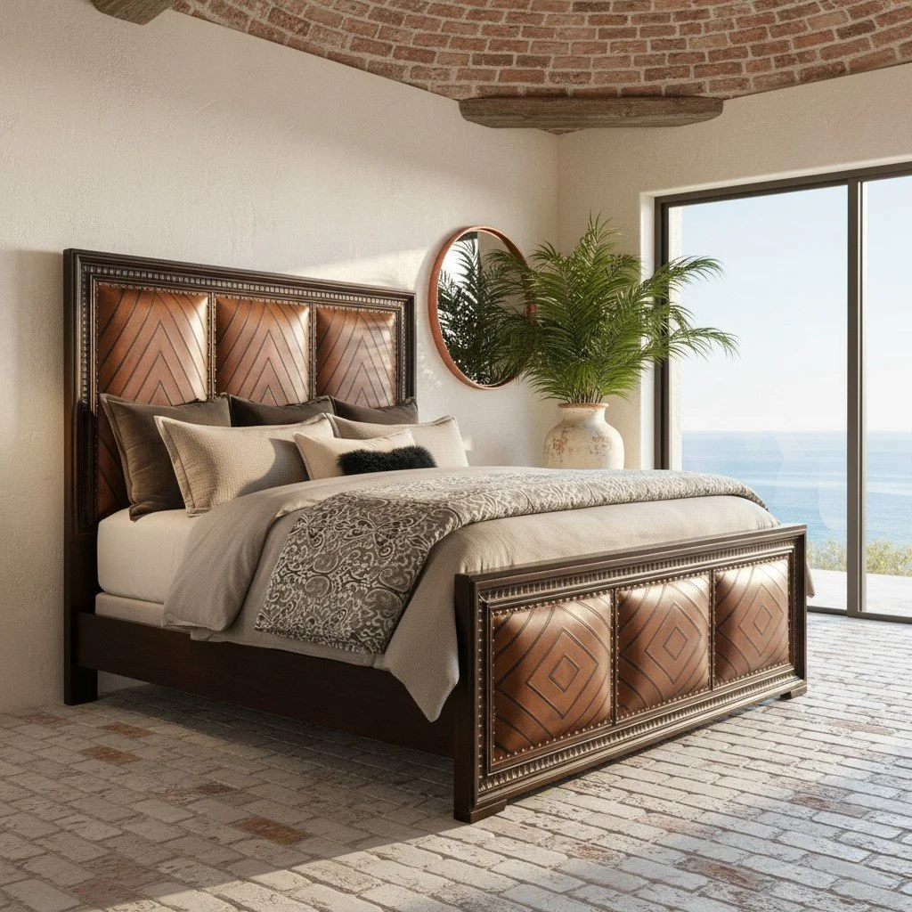Handmade Western-style bed with diamond-tooled brown leather and dark wood frame
