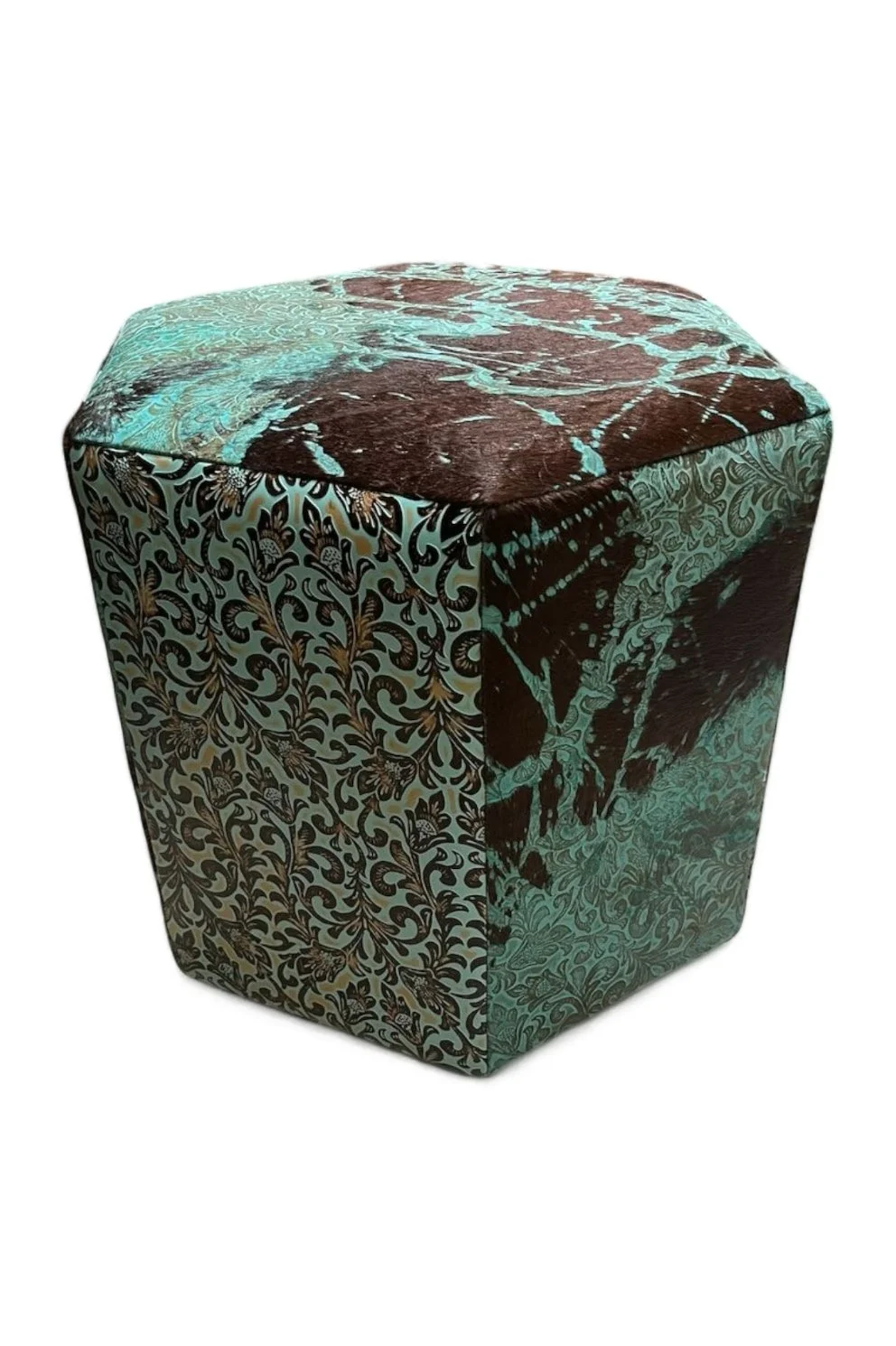 Turquoise Cowhide & Tooled Hexagon Ottoman