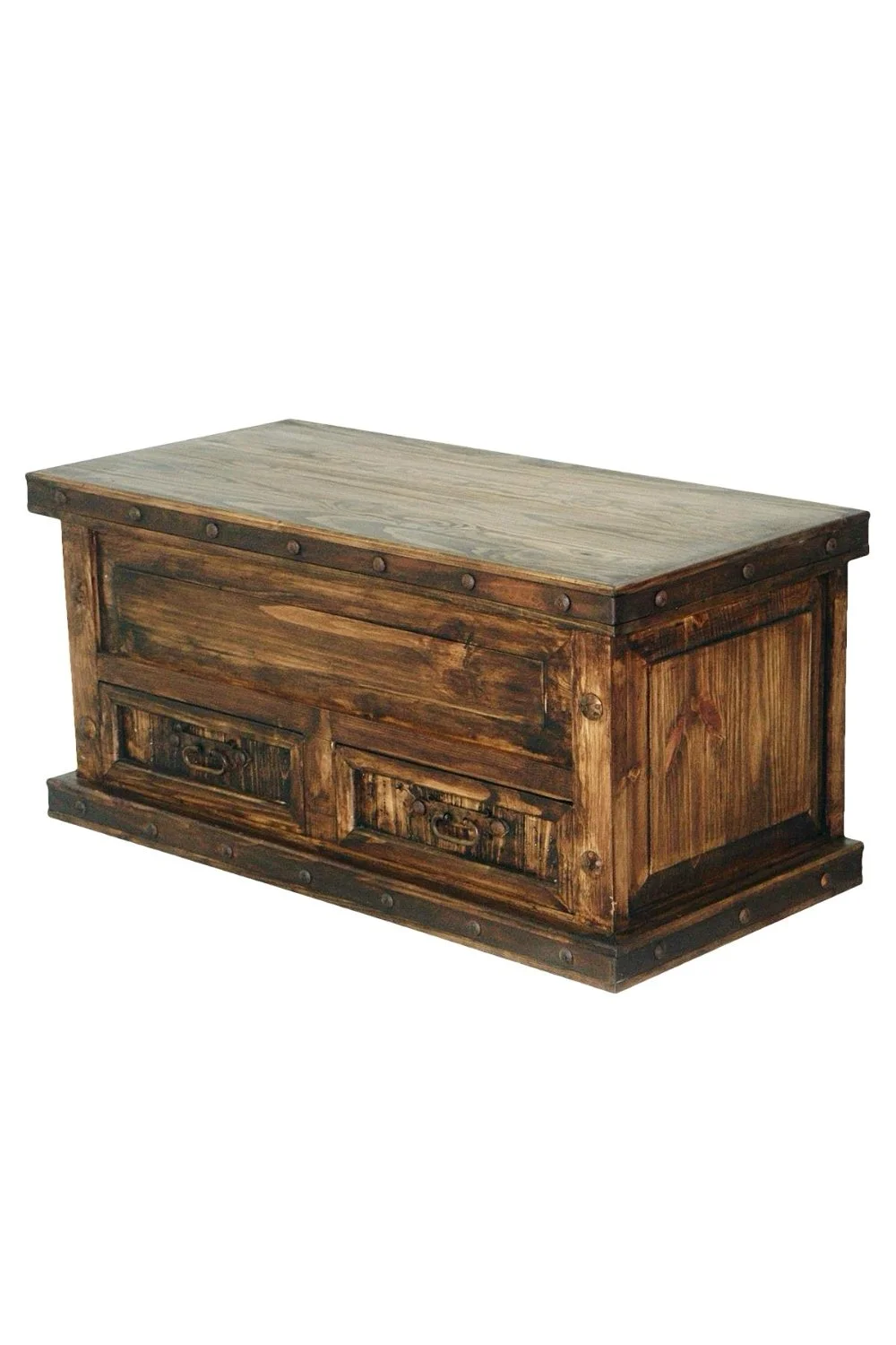 Shop the La Paz Blanket Trunk handmade in Mexico. Solid wood storage chest with dark finish, iron trim, clavos accents, and rustic hacienda style for elegant home storage.
