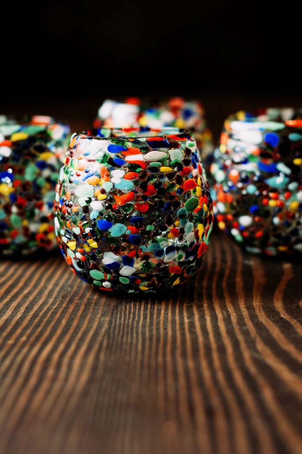 Shop a handblown Guanajuato glass from Mexico. Colorful confetti design artisan drinkware perfect for everyday use or entertaining.