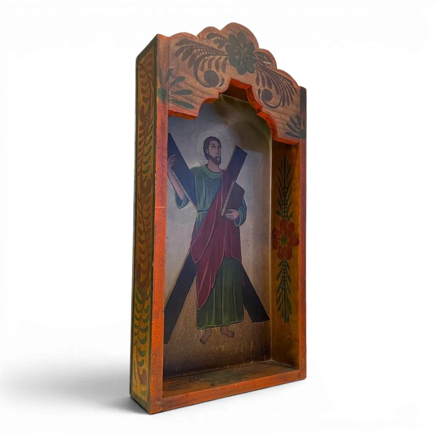 Handmade Mexican Retablo Shadow Box featuring hand-painted religious imagery, hand-carved wood details, and rich dark finish.