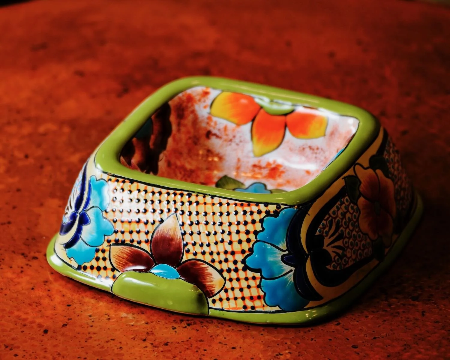 Talavera Square Dog Bowl - Lime Green