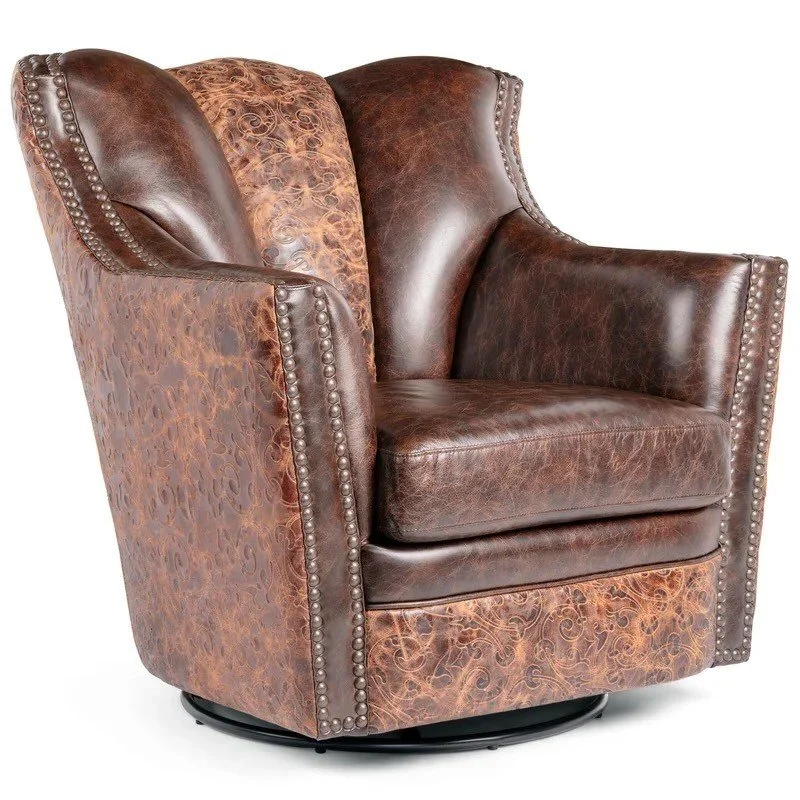 The Virginia City Tooled Leather Swivel Chair features premium top-grain leather, hand-tooled detailing, and smooth swivel functionality for refined Western luxury comfort.