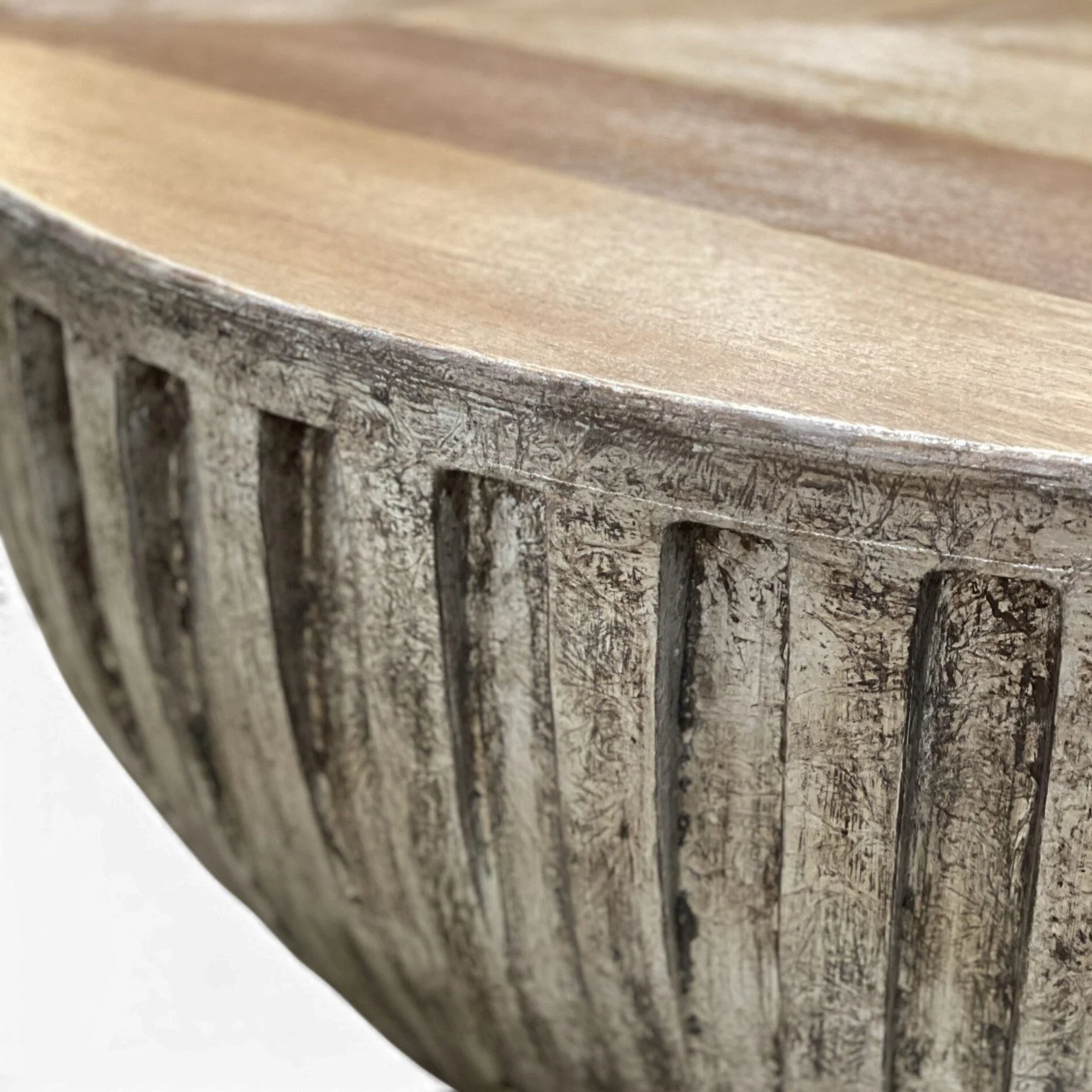 Handmade round coffee table with parquet wood top and silver leaf ribbed base