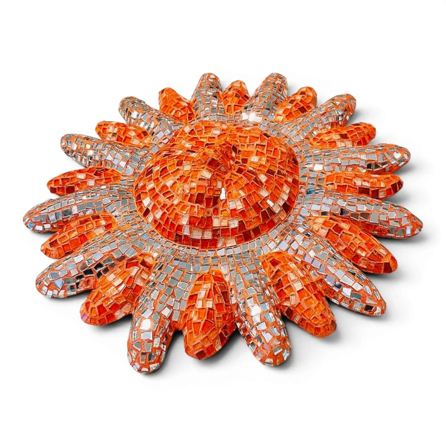 Handmade Mexican mosaic sun wall art with colorful glass, mirror tiles, and decorative clay face