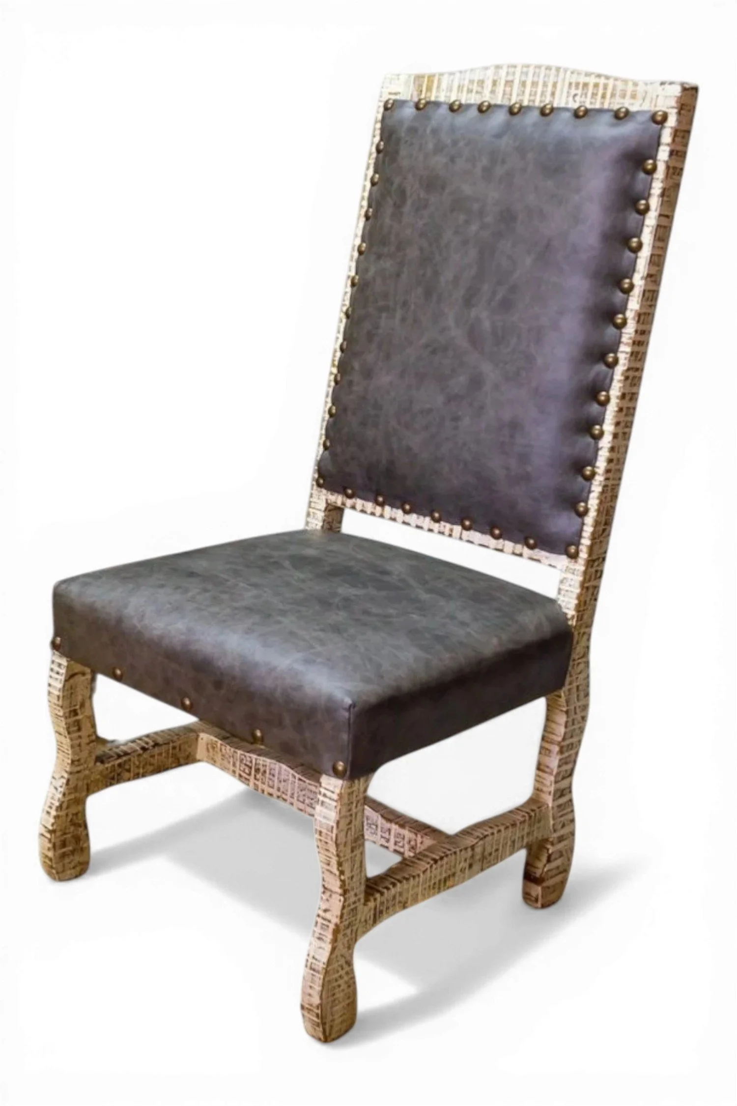 Shop a handmade dining chair from Mexico with distressed white and silver finish. Reclaimed wood with leather seating for rustic luxury spaces.