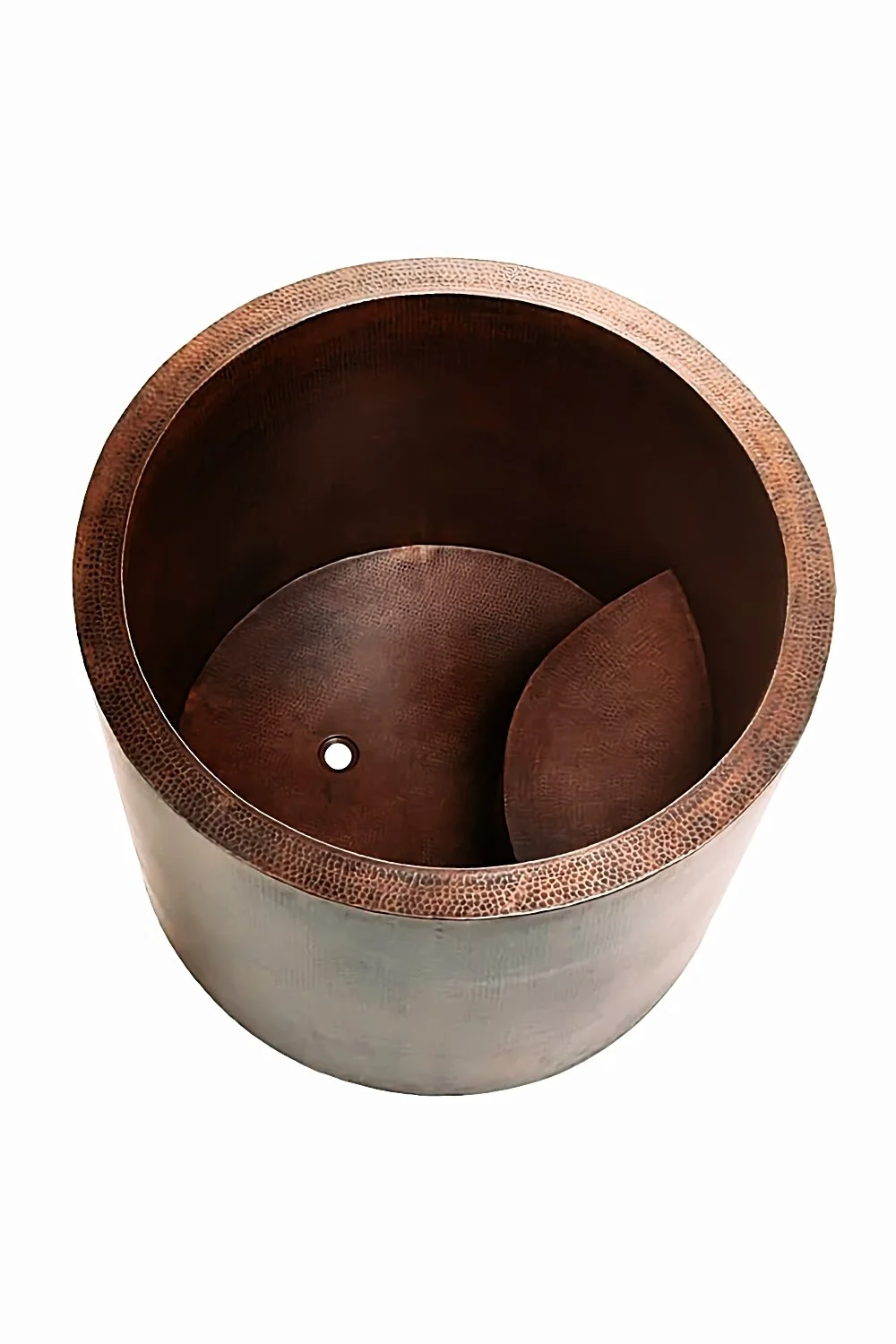 Shop the Hacienda 45 inch hammered copper Japanese soaker bathtub. Handmade round tub with built-in seat, oil rubbed bronze finish, and warm spa-inspired luxury for compact bathrooms.
