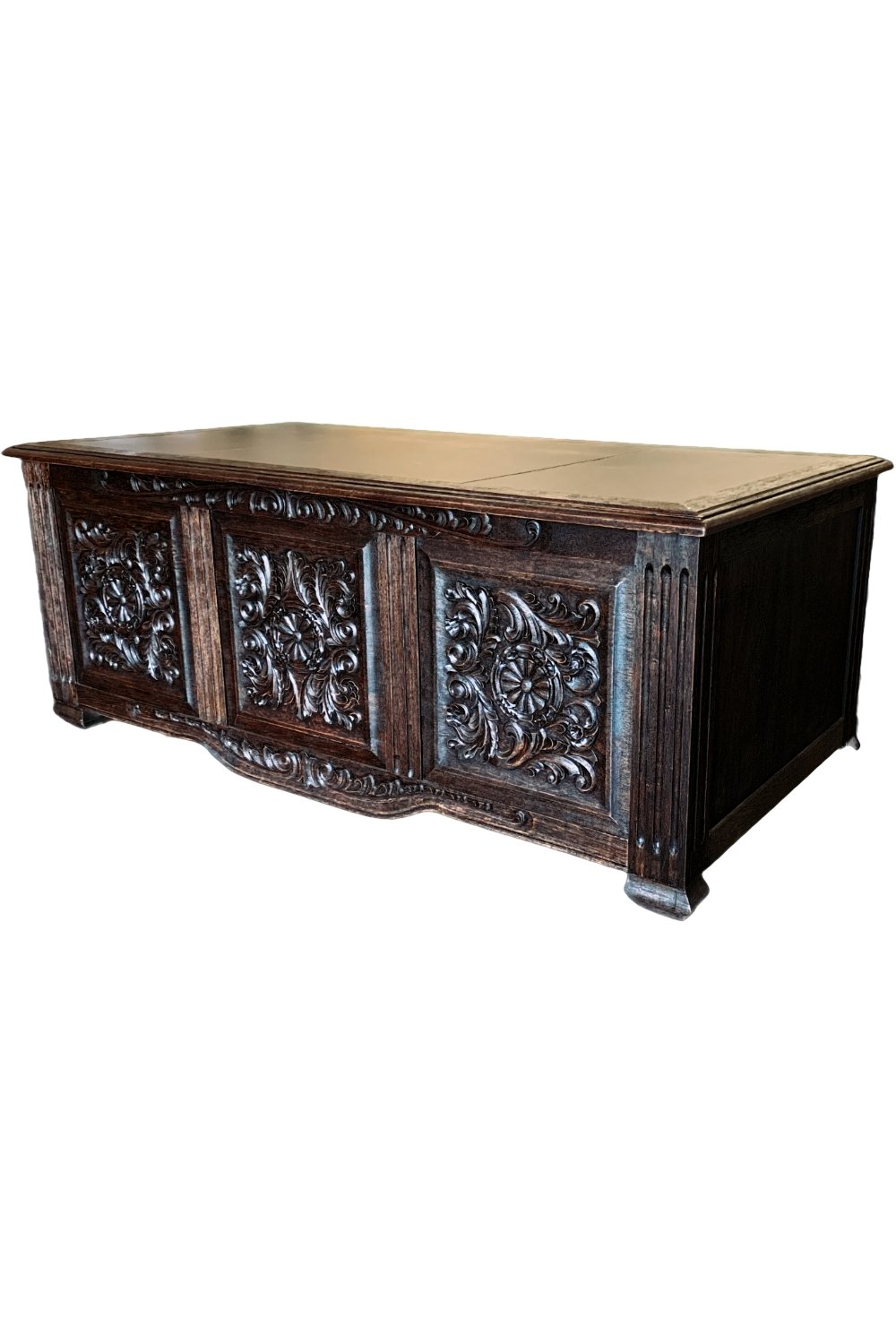 Shop the Dayana Executive Desk handcrafted in solid wood with leather top, 6 drawers, and file cabinet storage. A bold rustic luxury executive workspace design.