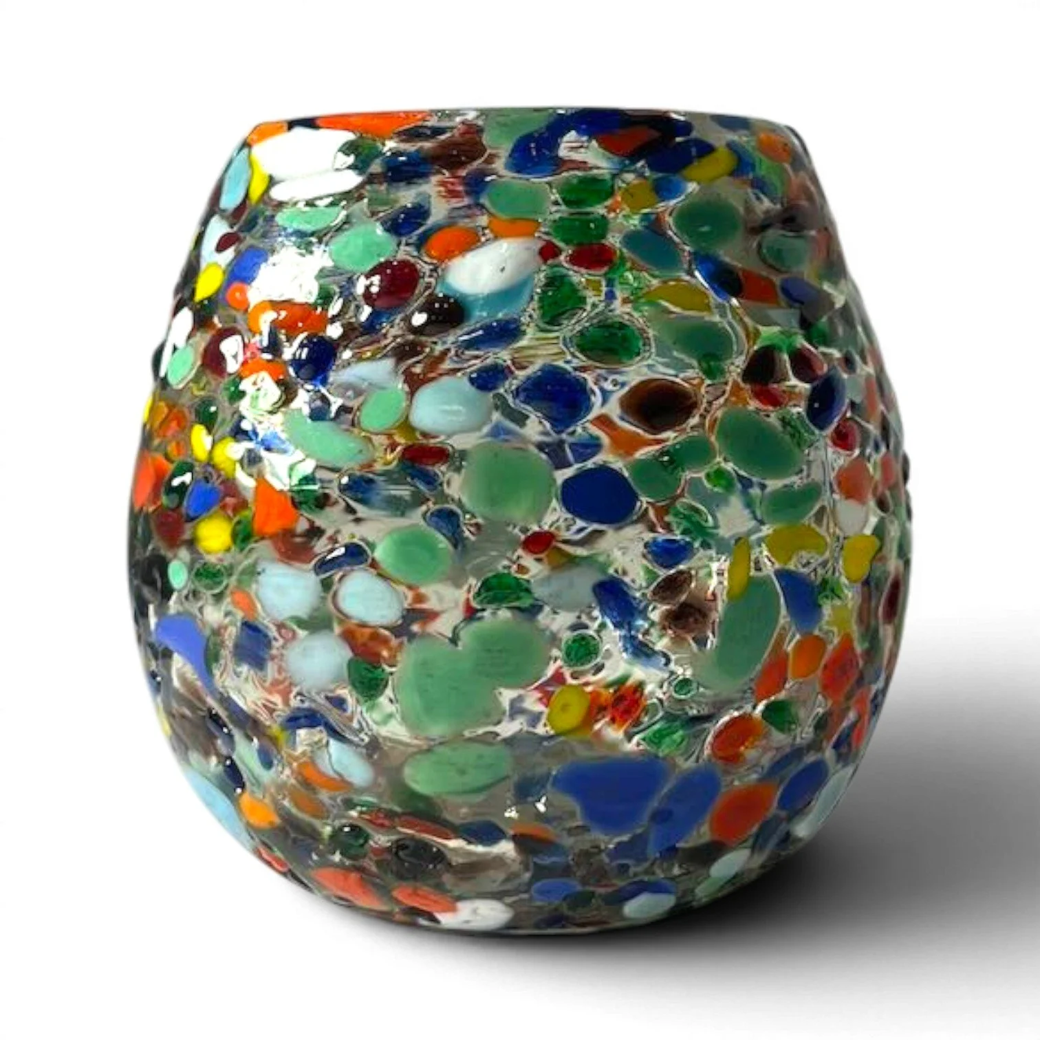 Handblown Mexican Guanajuato confetti glass with rounded base and colorful artisan finish.