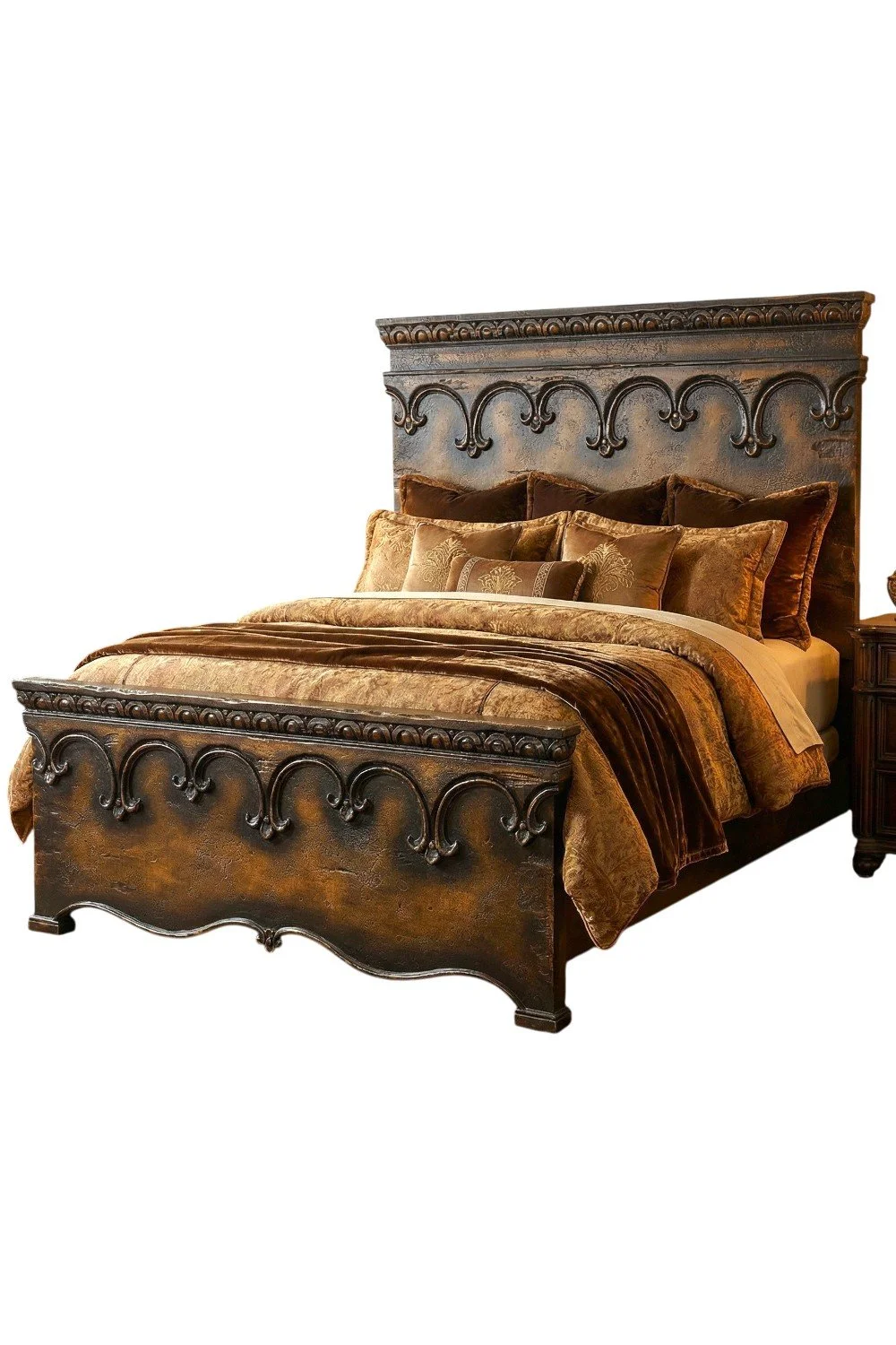 Shop the Castillo Bed handmade in Peru. Solid wood king bed with ornate carved details, Santander finish, and timeless Old World European elegance.