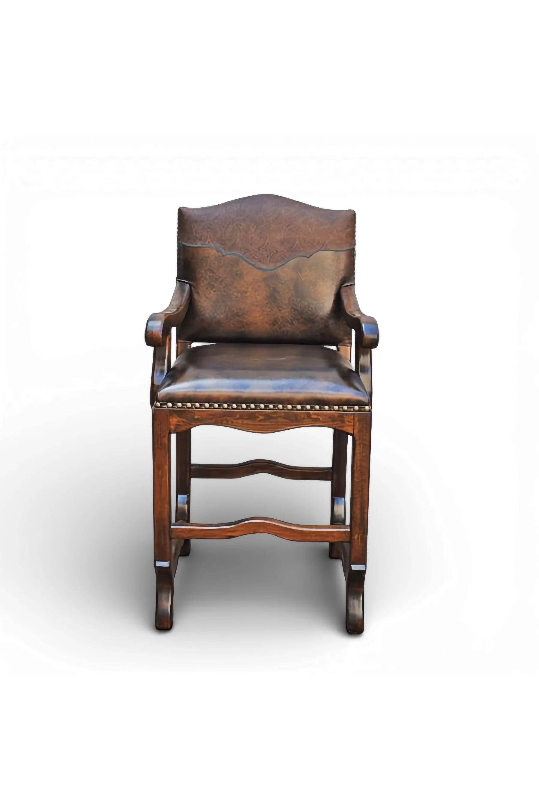 Shop a handmade leather bar stool with turquoise fringe from Mexico. Rustic Southwestern seating with carved wood and bold artisan detail.