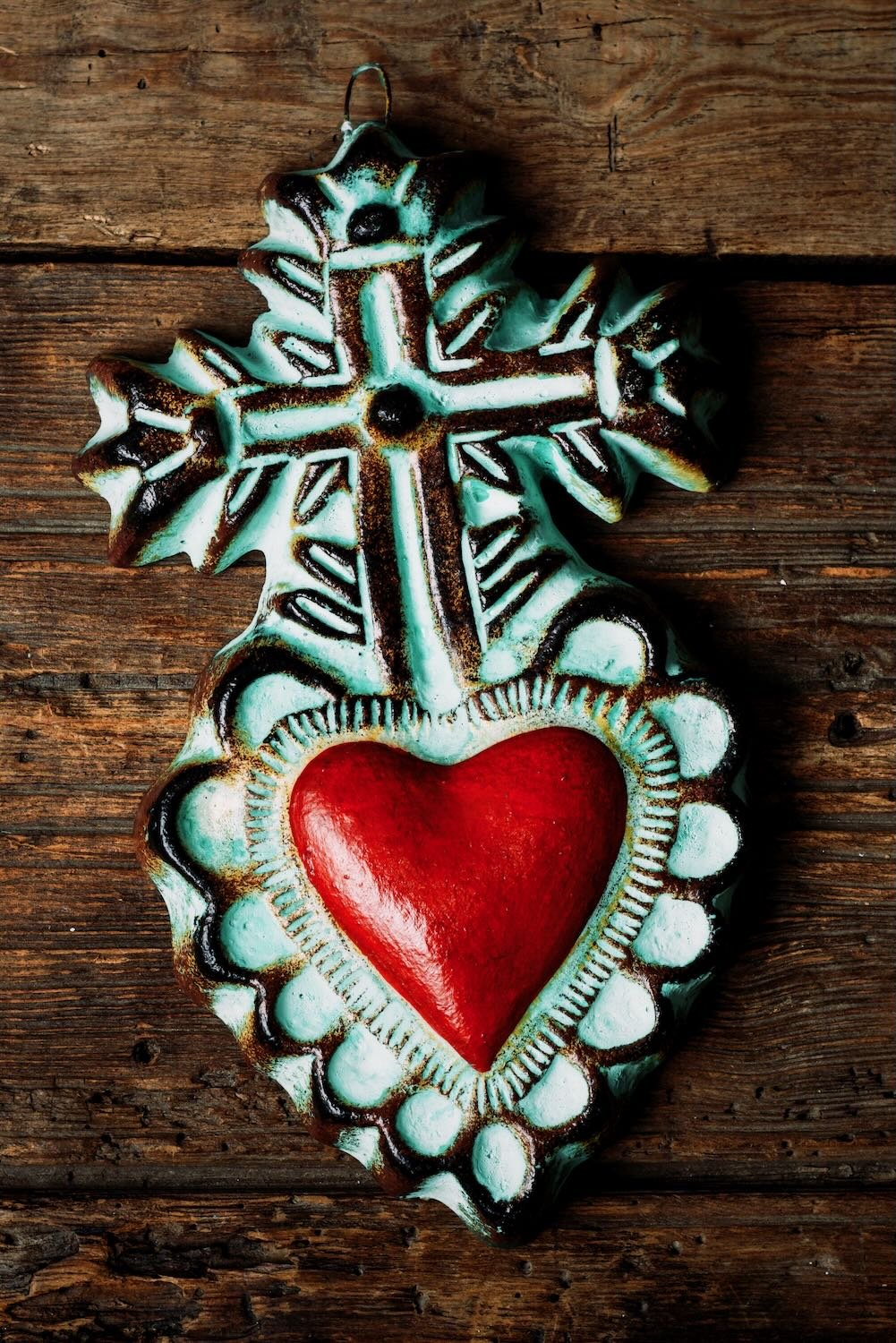 Turquoise Clay Heart with Cross