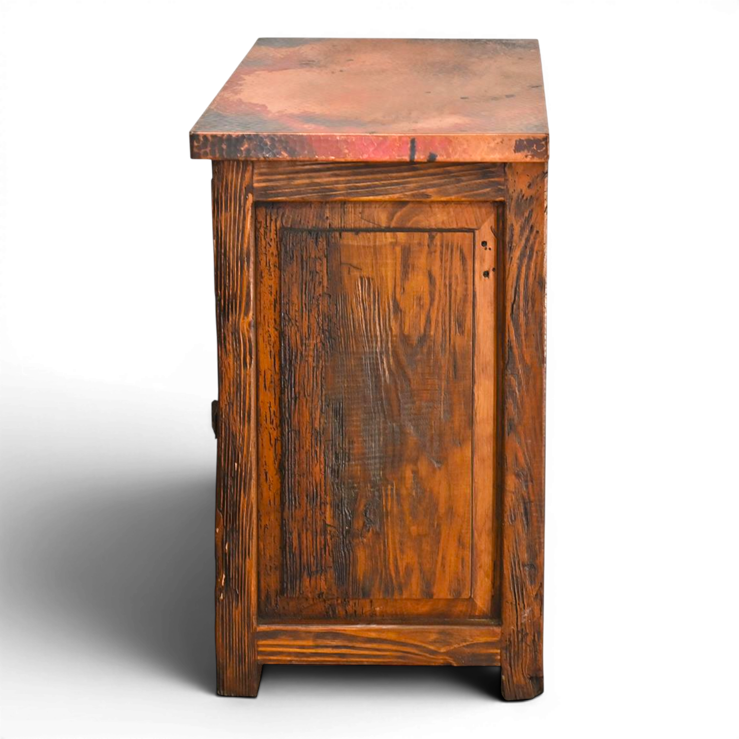 Handmade Rio Rancho copper nightstand with reclaimed wood, verdigris and dark brown hammered copper, and geometric design crafted in Mexico.