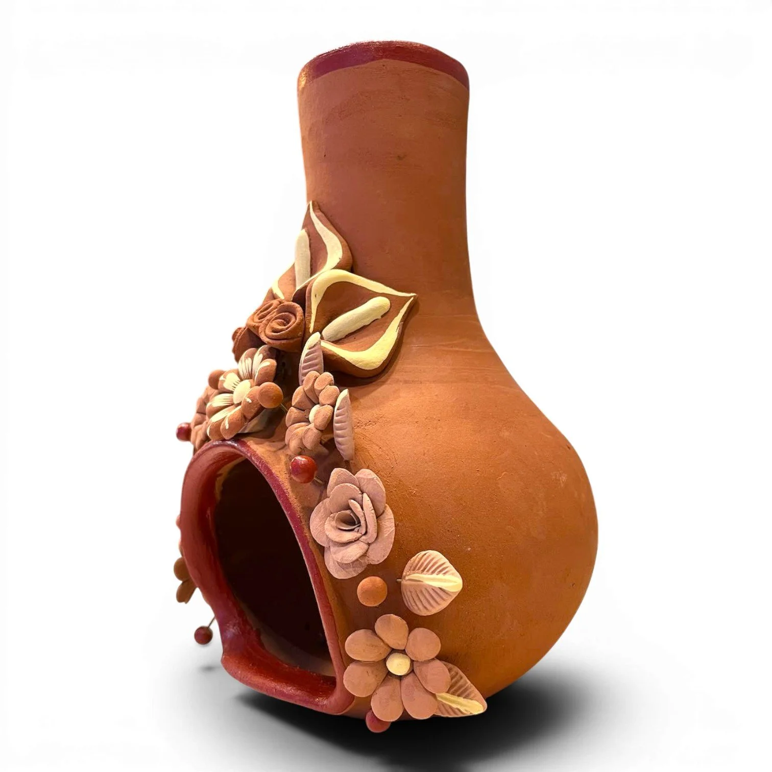 Handmade Mexican Clay Flower Chiminea with detailed floral design and neutral finish for tabletop décor.
