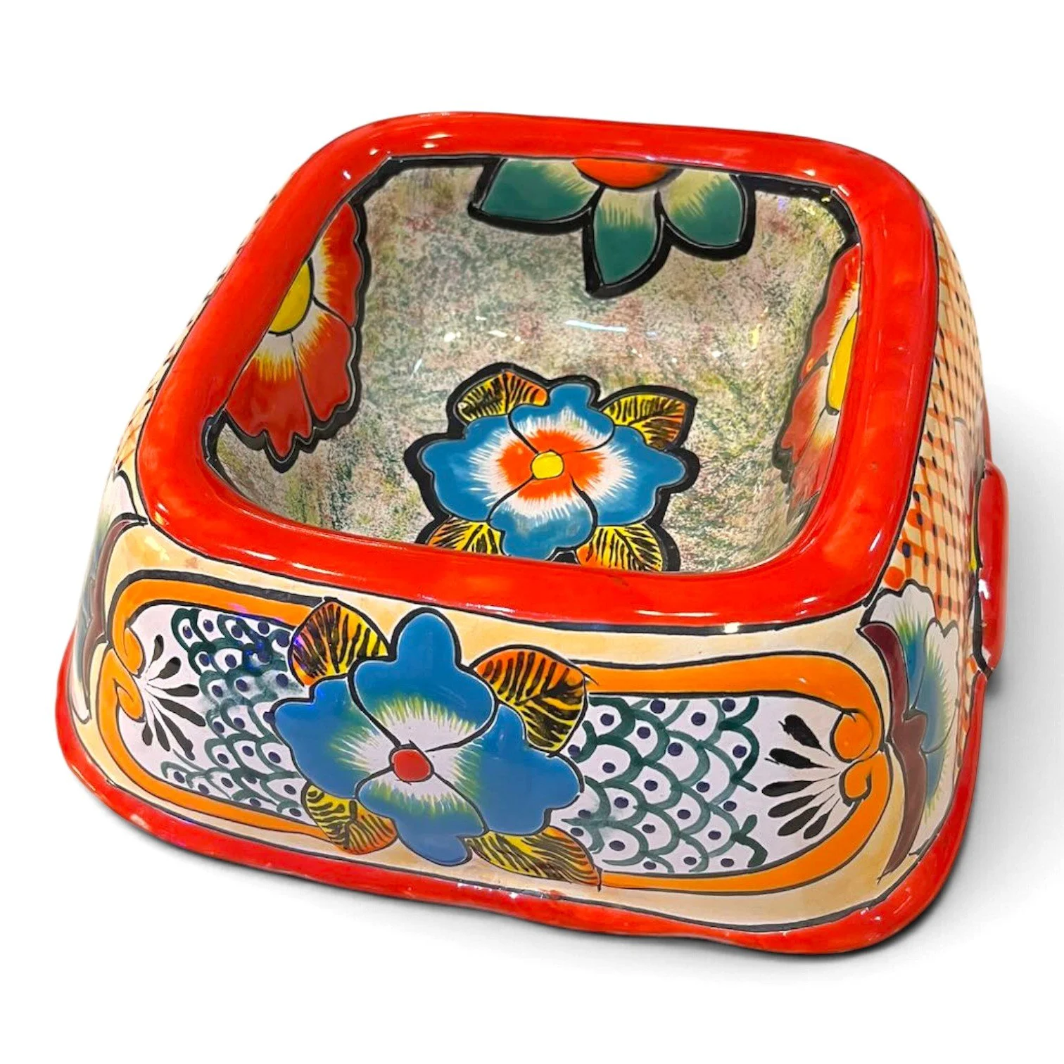 Handmade Talavera dog bowl with vibrant hand-painted design