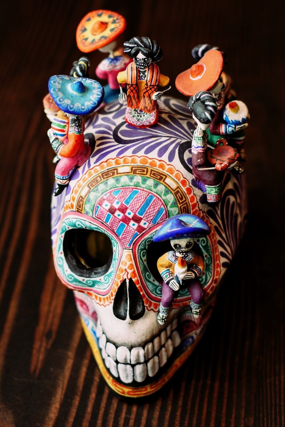 Montesinos Skull with Catrinas – Handmade Mexican Folk Art Sculpture