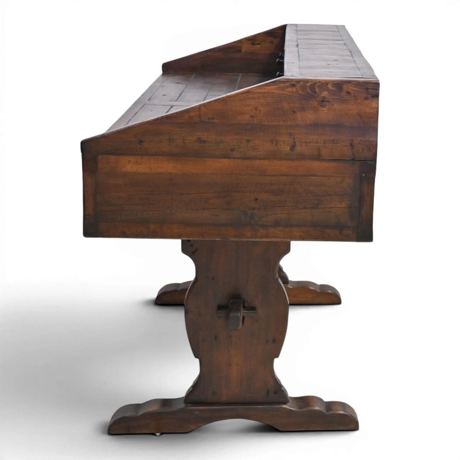 Handmade Mexican Las Carreras dark stained desk with hand-carved details, iron hardware, and multiple drawers