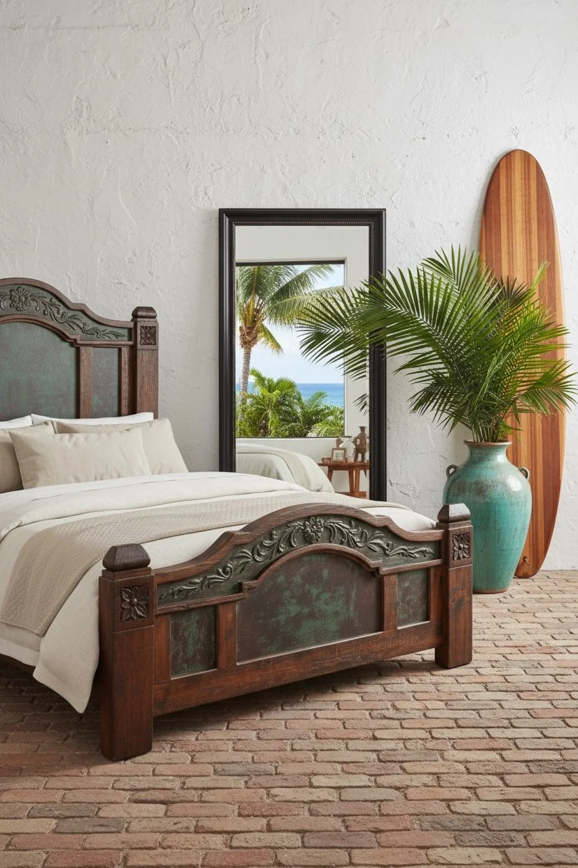 Shop a handmade copper bed from Mexico. Solid wood frame with embossed copper panels for a rustic luxury hacienda-style bedroom.