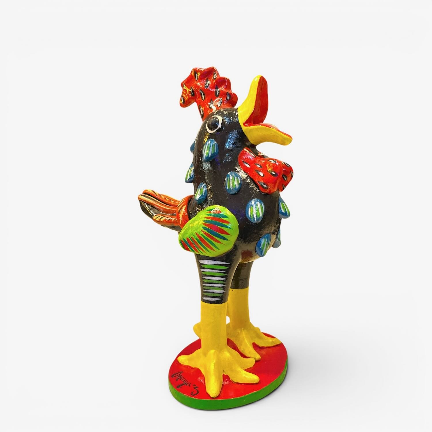 Signed handmade 11-inch cobalt blue clay rooster by Mexican folk artist Gerardo Ortega from Tonalá, Jalisco.