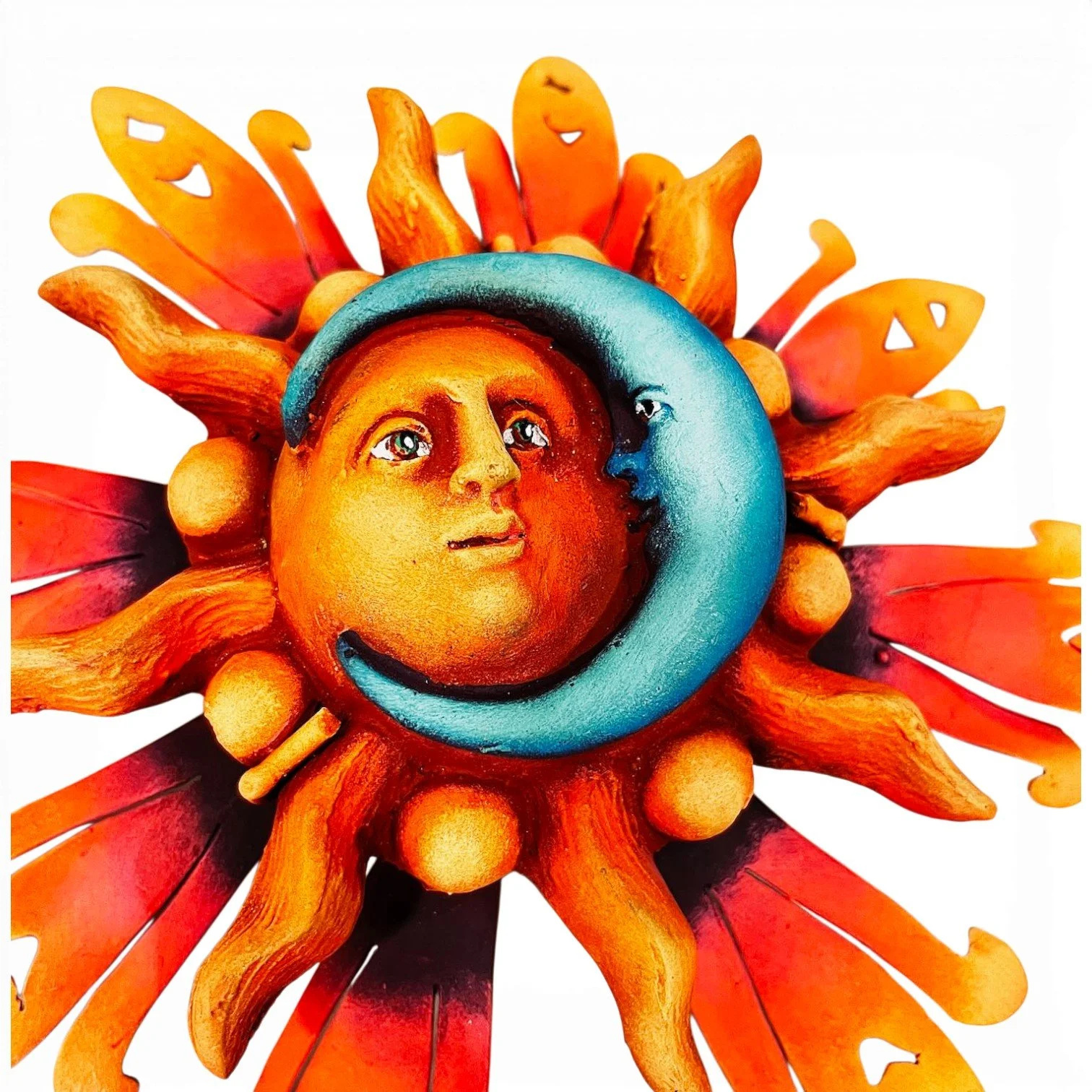 Handmade Mexican Mini Sol y Luna Vibrante wall art with colorful sun and moon design and metal rays