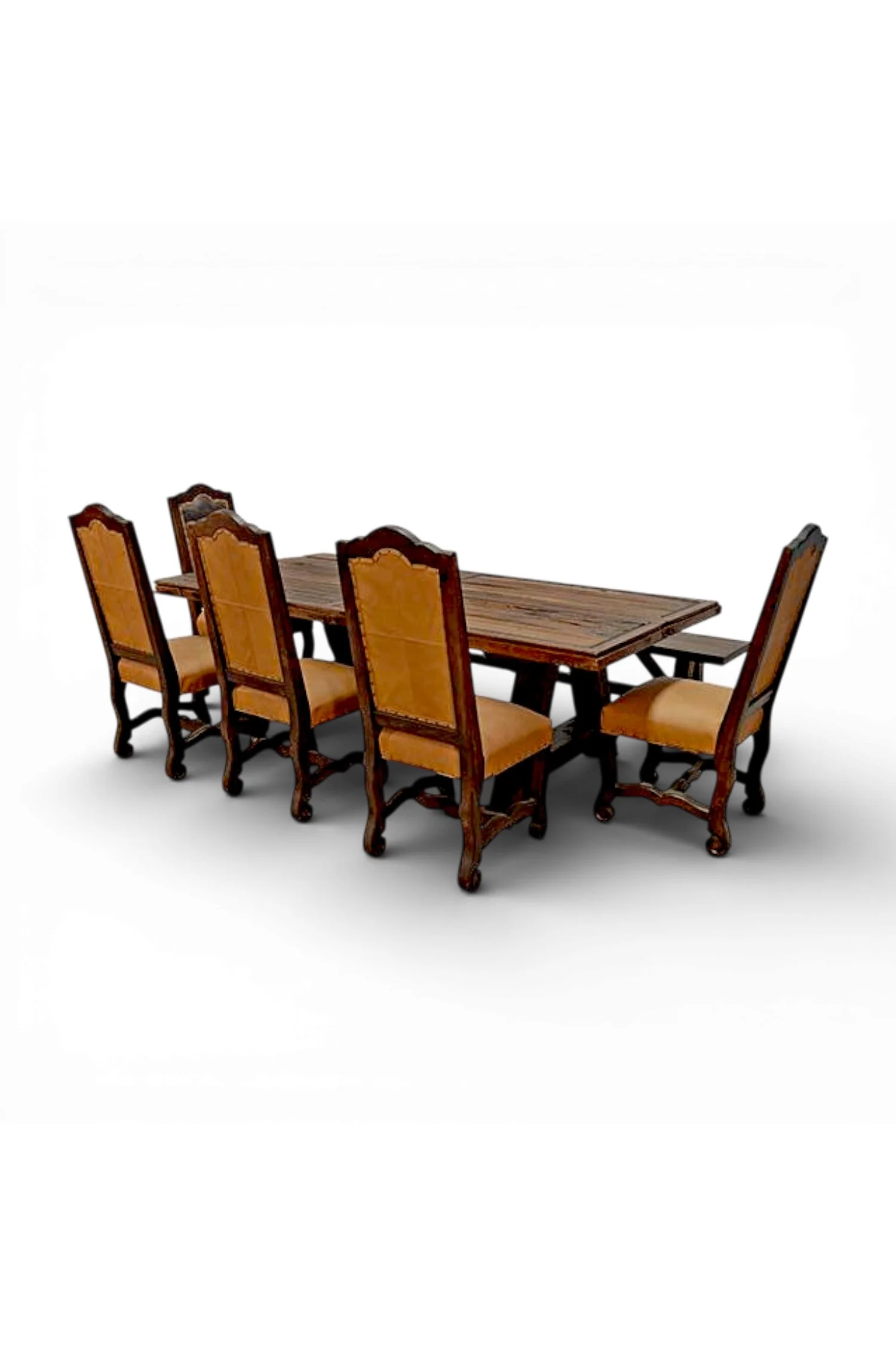 Shop a handmade leather dining chair from Mexico with tooled leather detail and carved wood frame. Rustic luxury seating for dining spaces.