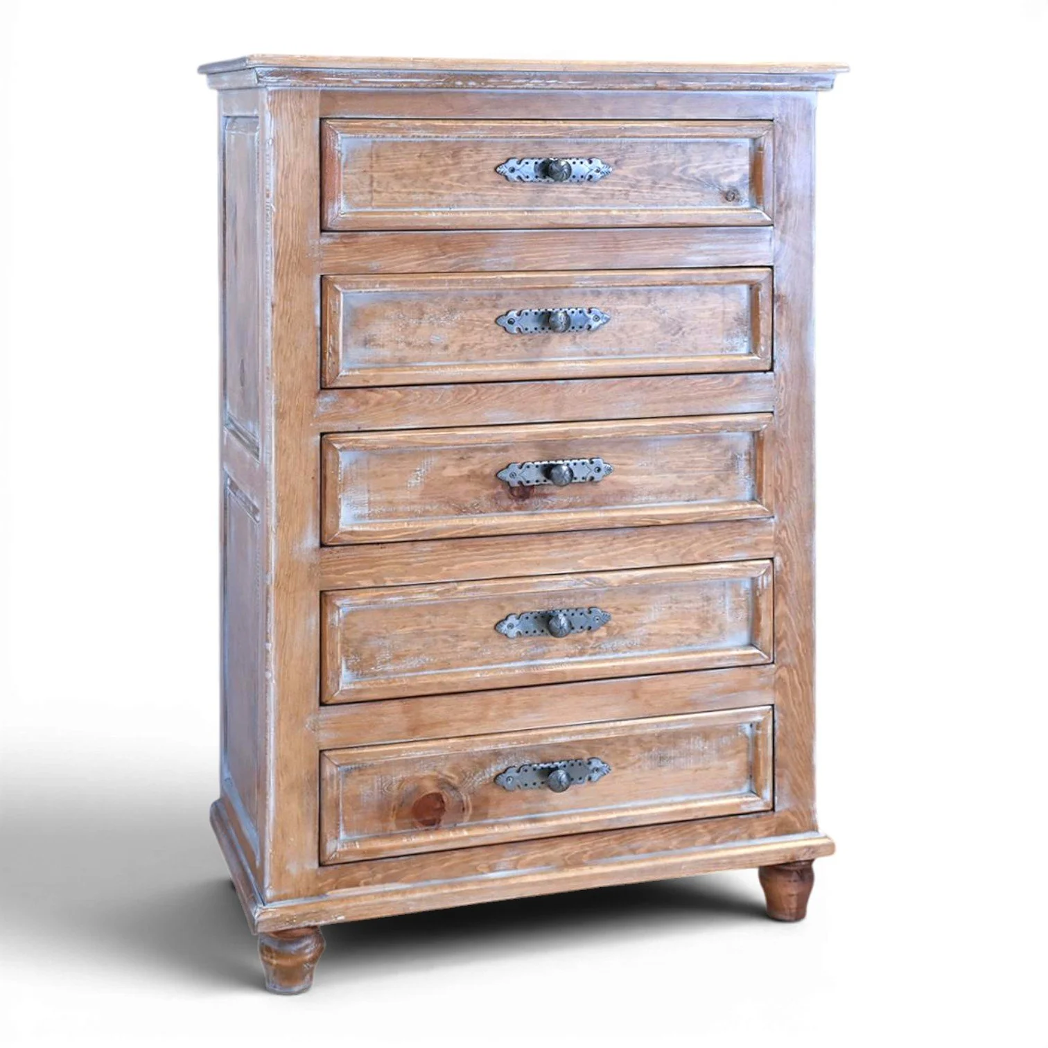 Handmade Mexican Arenas Blancas chest with coastal white washed finish and metal hardware