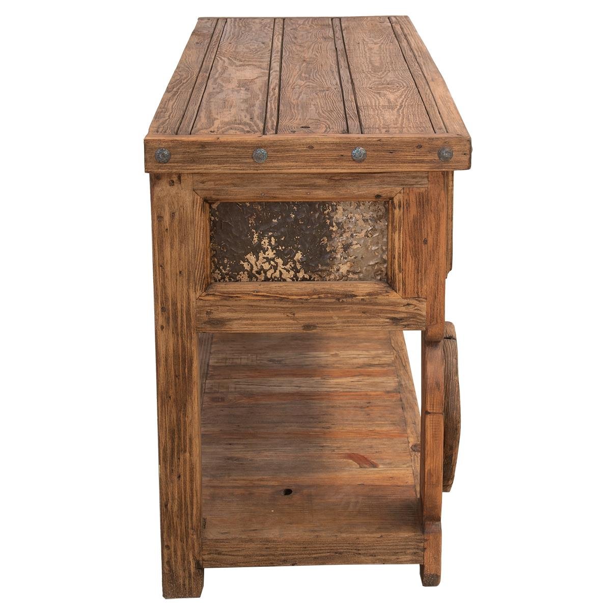 Handmade Mexican Sierra Vista console table with light stained solid wood, yoke-style design, iron hardware, clavos, and open shelf