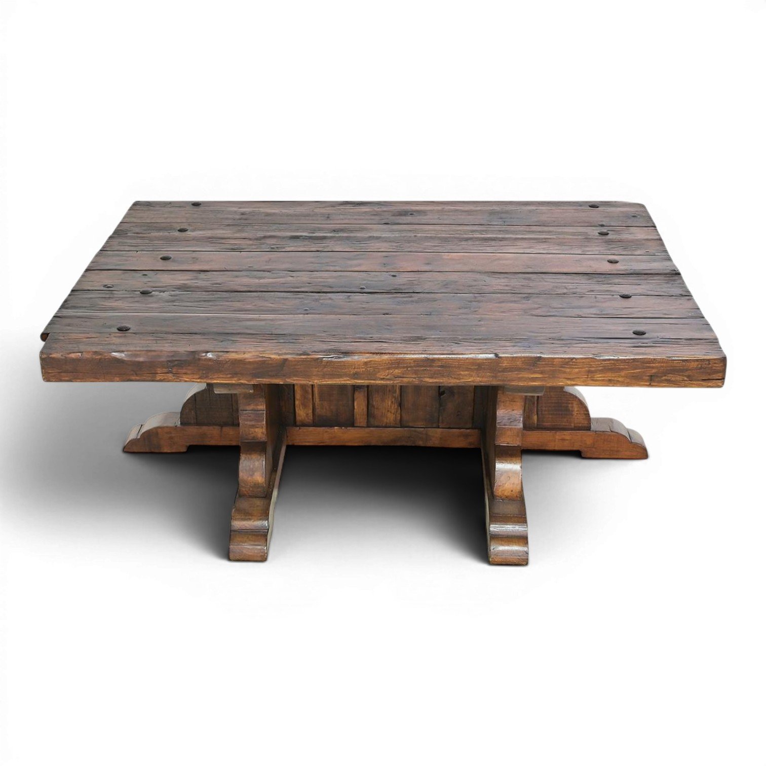 Handmade Amaya Coffee Table crafted from solid wood with rich dark stain and decorative iron clavos accents.