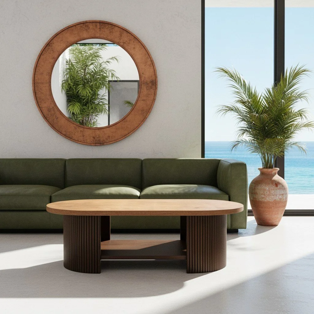 Handmade oval coffee table with fluted column legs and natural wood finish