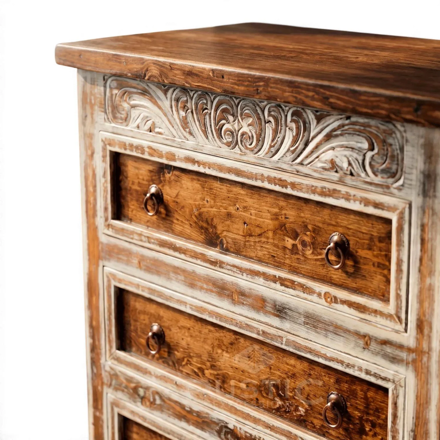 Las Conchas handcrafted Mexican reclaimed wood nightstand with white wash finish, hand-carved details, and iron hardware