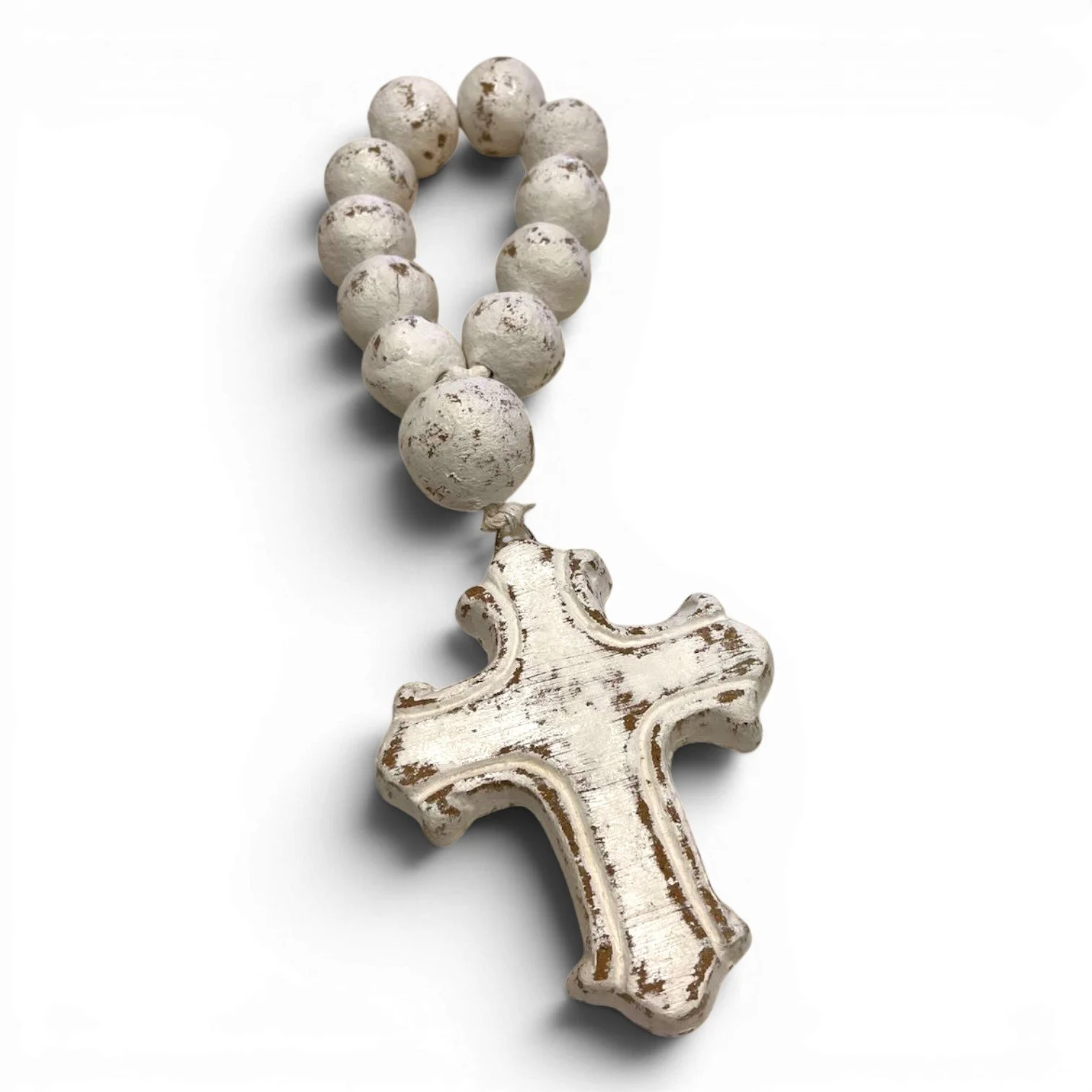 Handmade clay Rosario Corto decorative rosary with distressed white, turquoise, and blue finish crafted in Mexico.