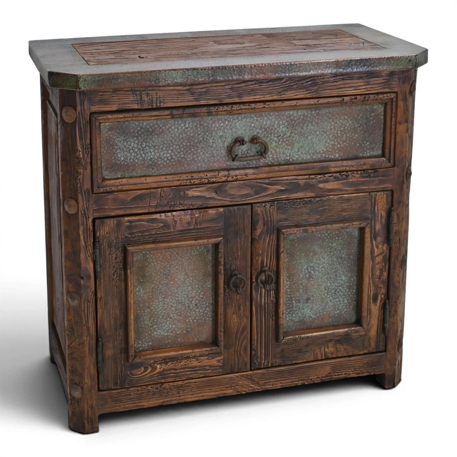 Handmade San Felipe Grande nightstand with hand-pounded copper panels, iron hardware, and rustic Western design.