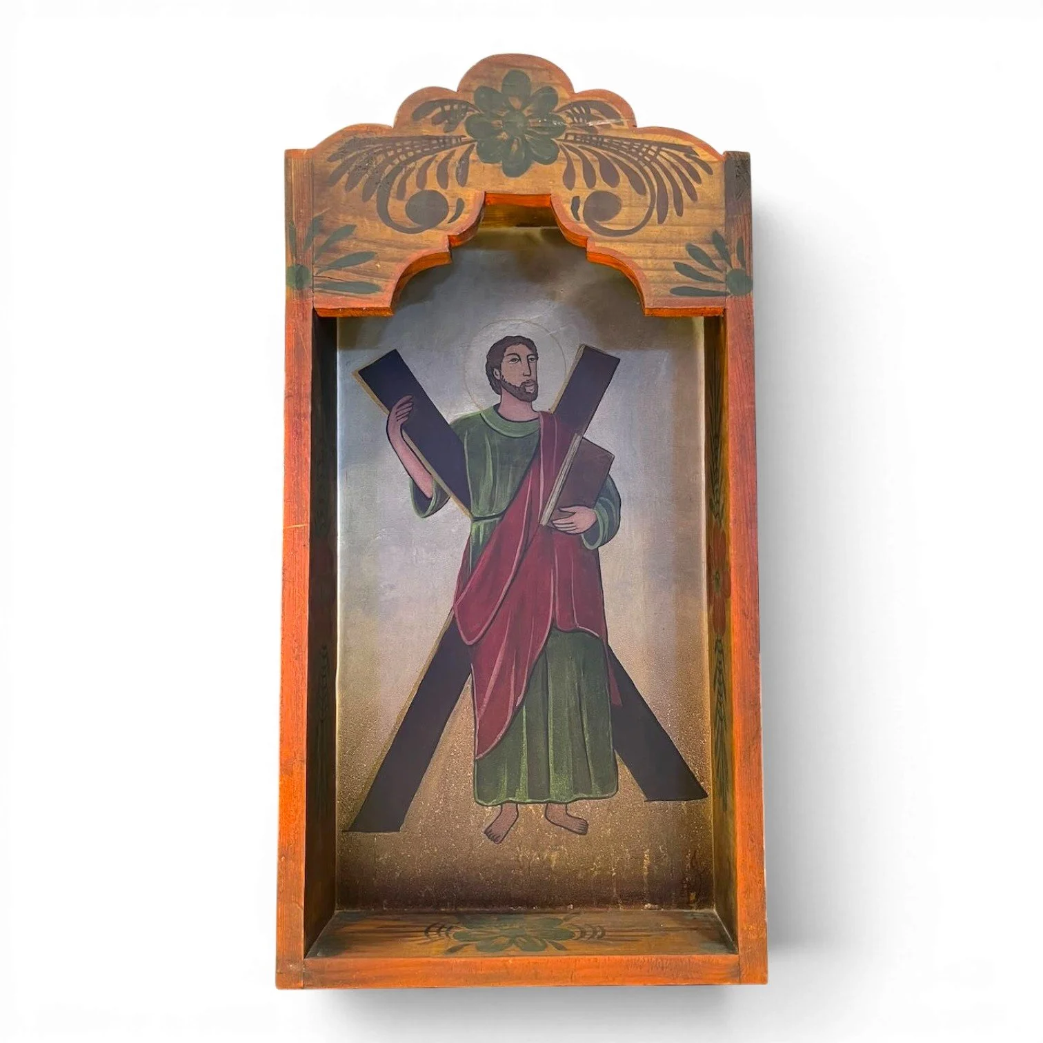 Handmade Mexican Retablo Shadow Box featuring hand-painted religious imagery, hand-carved wood details, and rich dark finish.