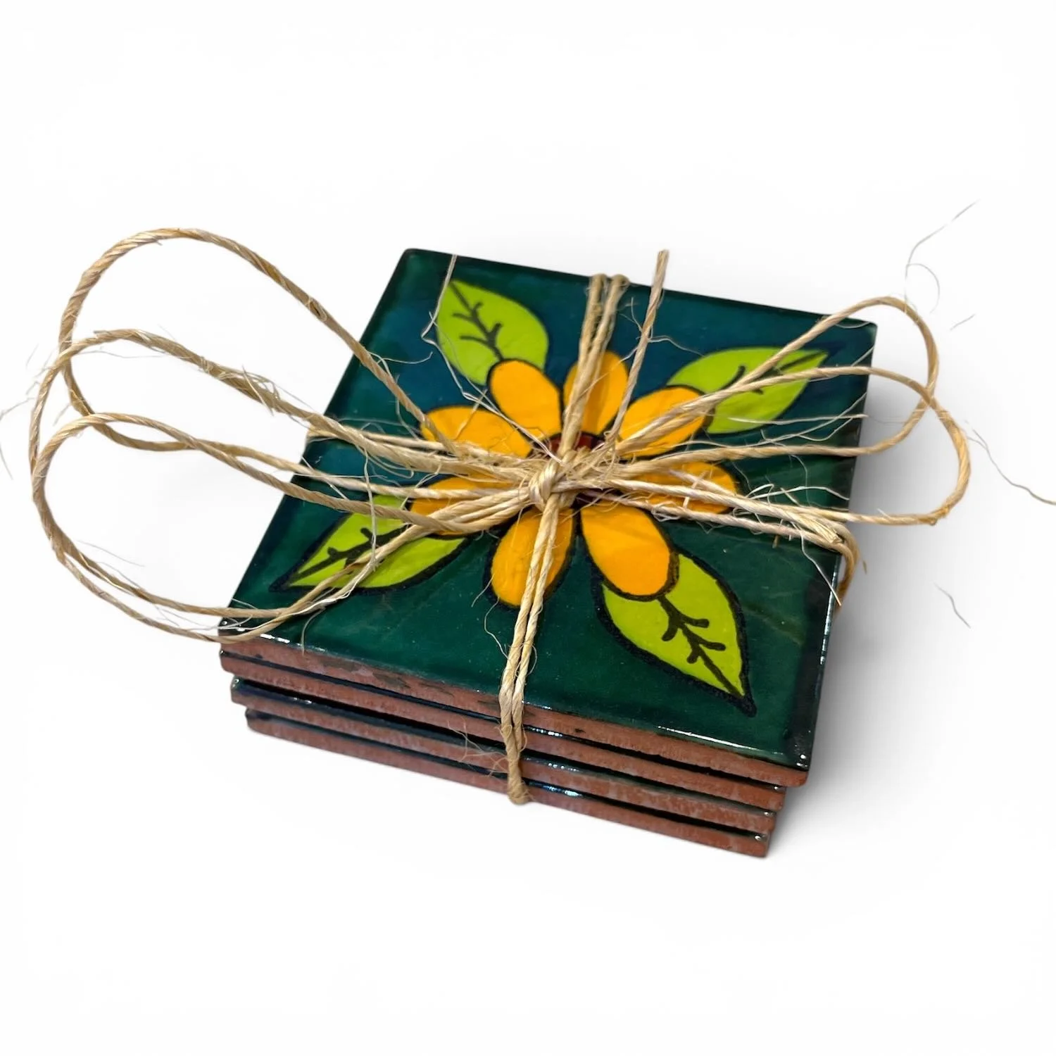 Handmade Talavera tile coaster set from Mexico featuring four colorful ceramic coasters with protective rubber bumpers.