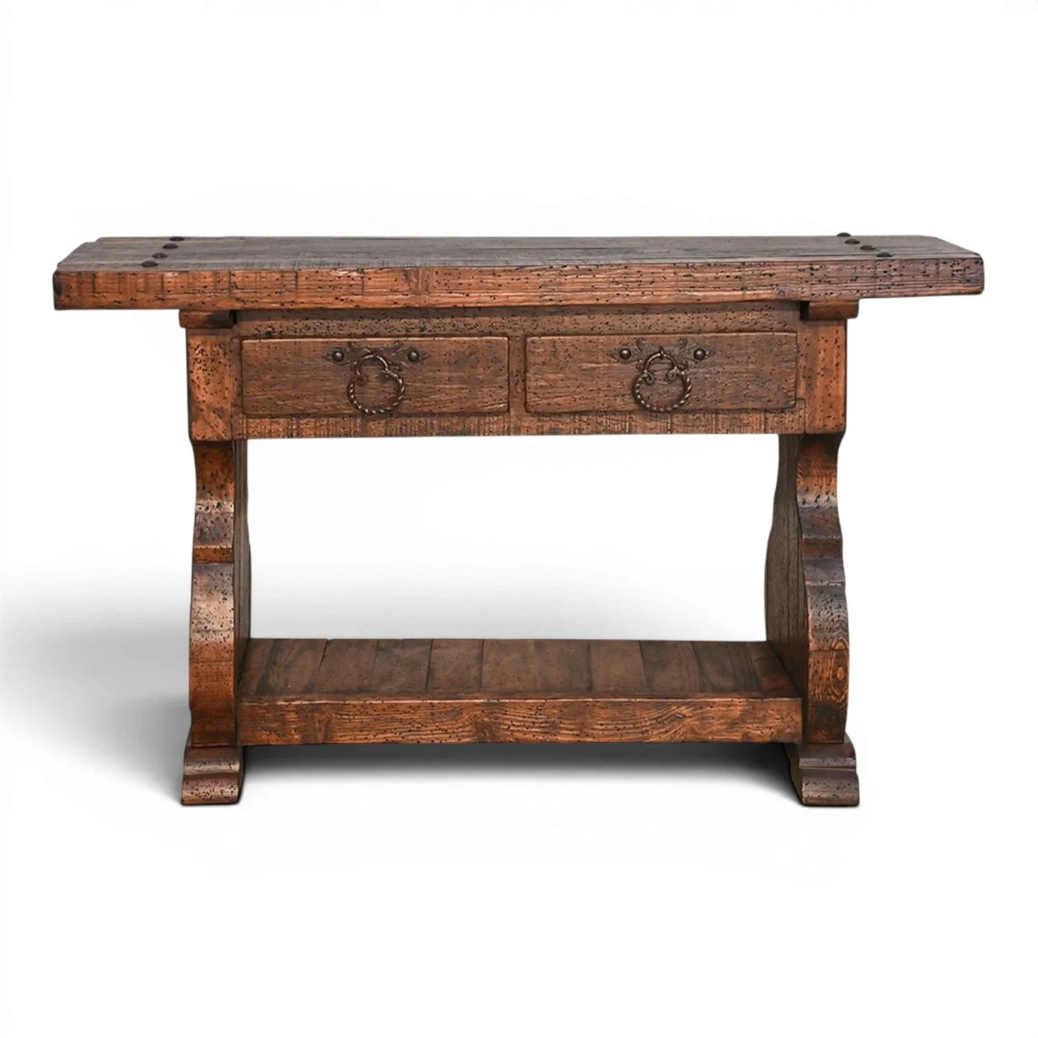 Handmade Sedona rustic Western sofa table with hand-carved details, clavos accents, two drawers, iron hardware, and open shelf.