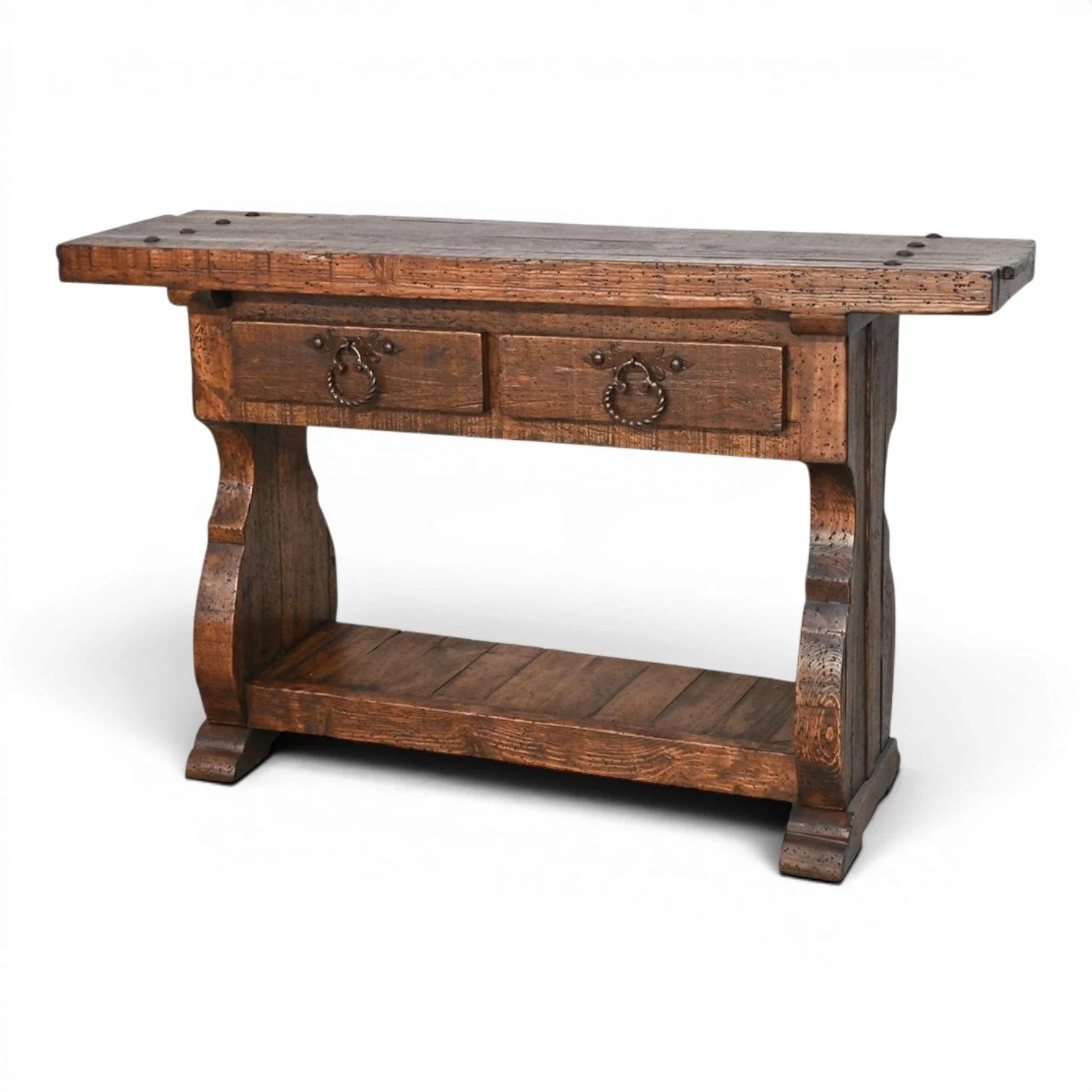Handmade Sedona rustic Western sofa table with hand-carved details, clavos accents, two drawers, iron hardware, and open shelf.